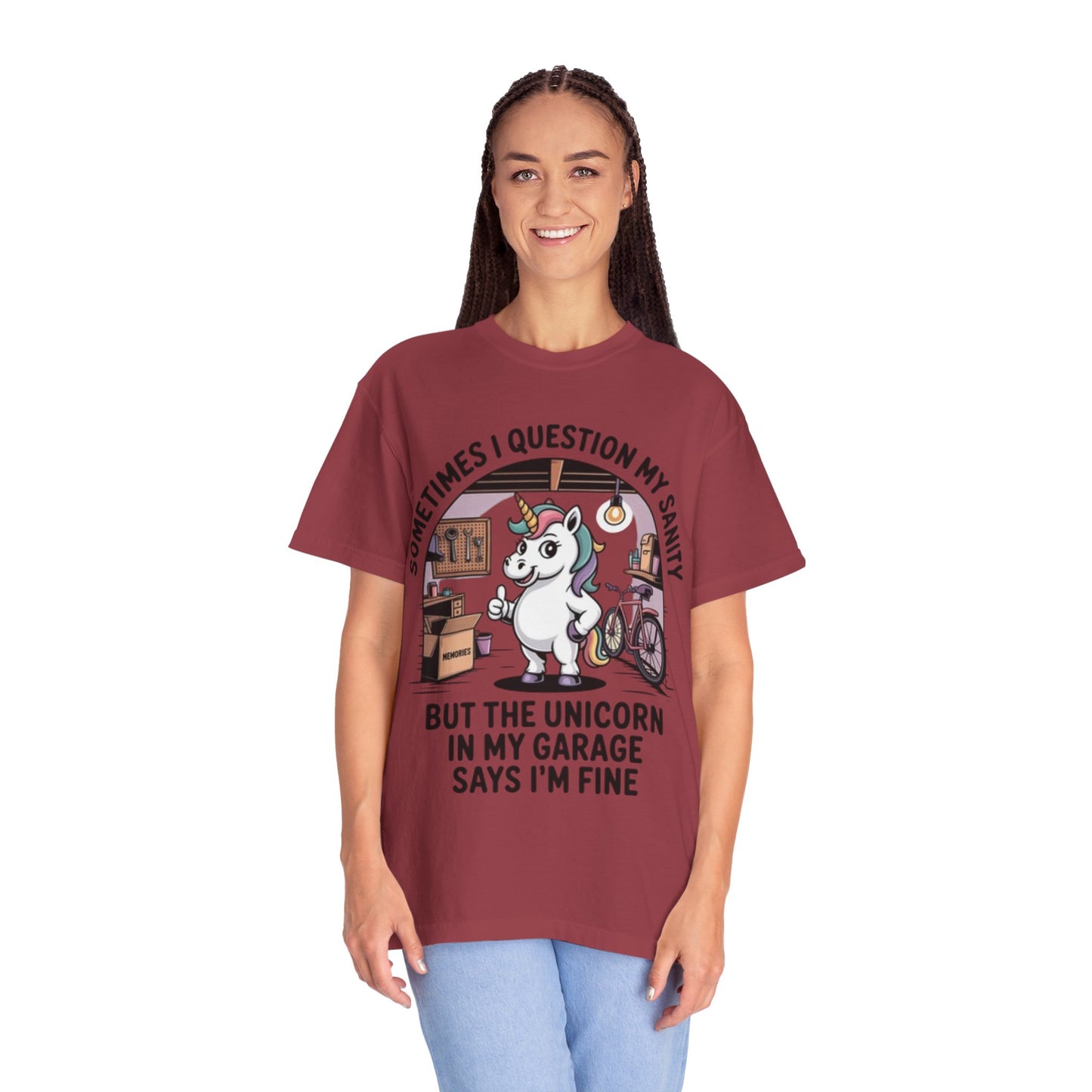 Unicorn Garage T-Shirt — "Sometimes I Question My Sanity" Funny Mechanic Tee