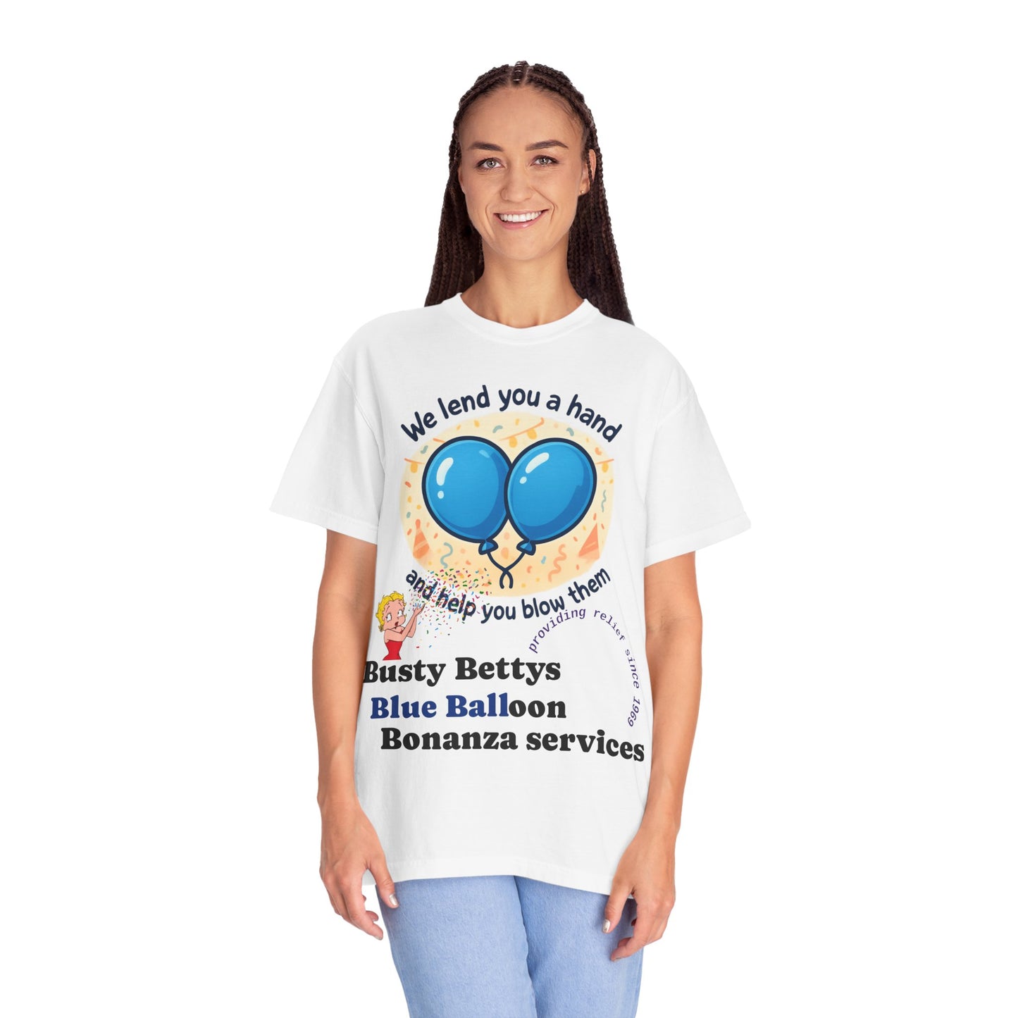 Novelty T-Shirt — "We lend you a hand and help you blow them" Balloon Service Tee