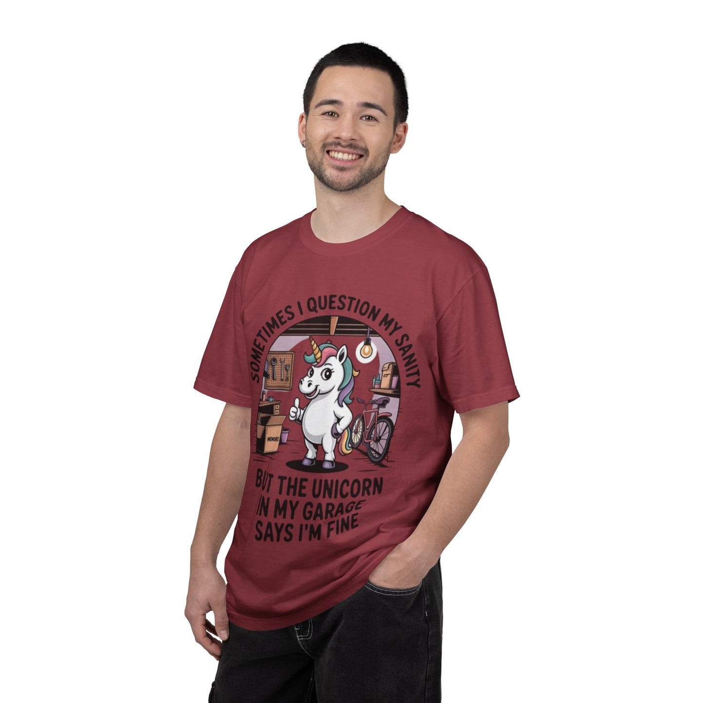 Unicorn Garage T-Shirt — "Sometimes I Question My Sanity" Funny Mechanic Tee
