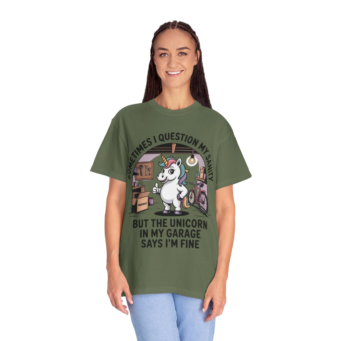 Unicorn Garage T-Shirt — "Sometimes I Question My Sanity" Funny Mechanic Tee