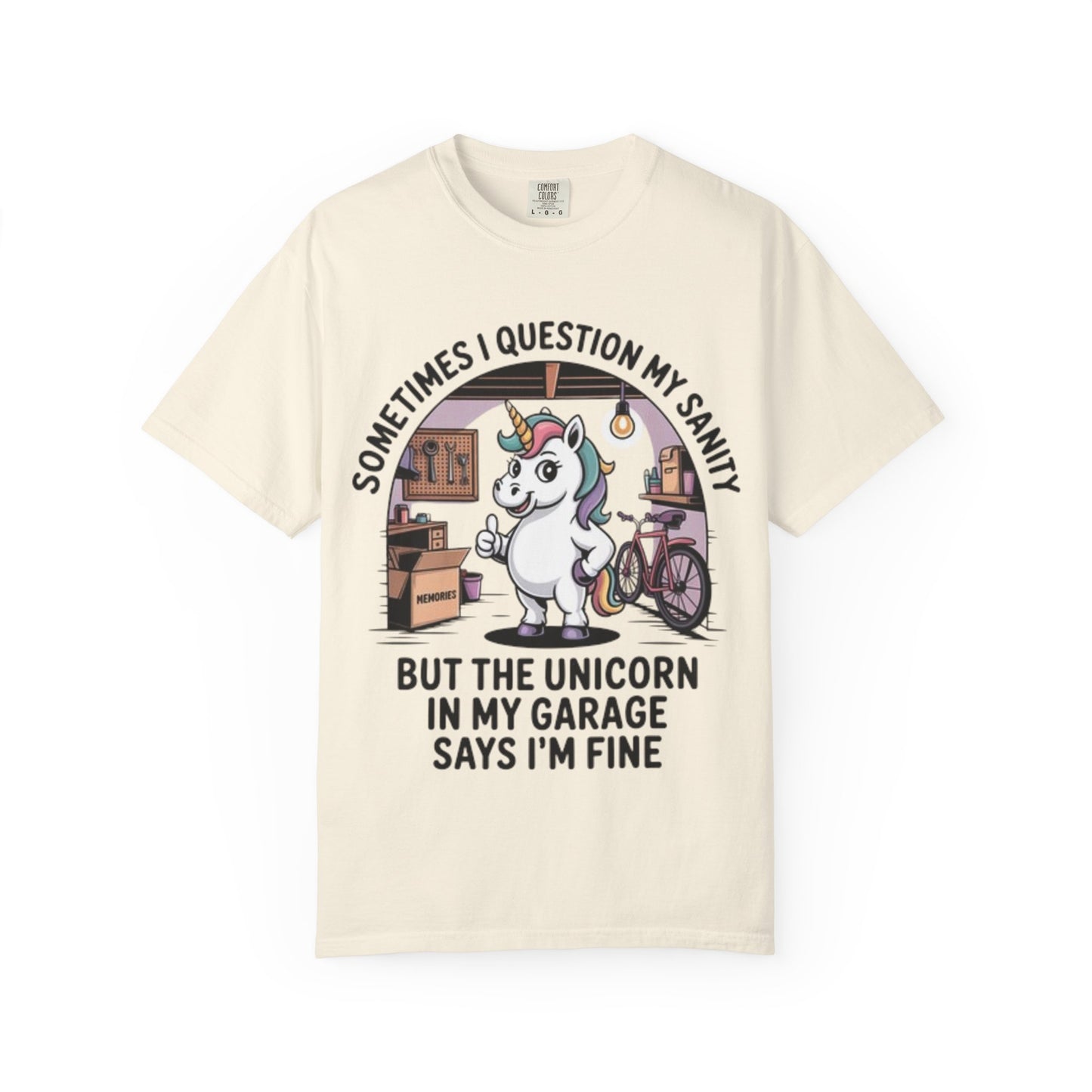 Unicorn Garage T-Shirt — "Sometimes I Question My Sanity" Funny Mechanic Tee
