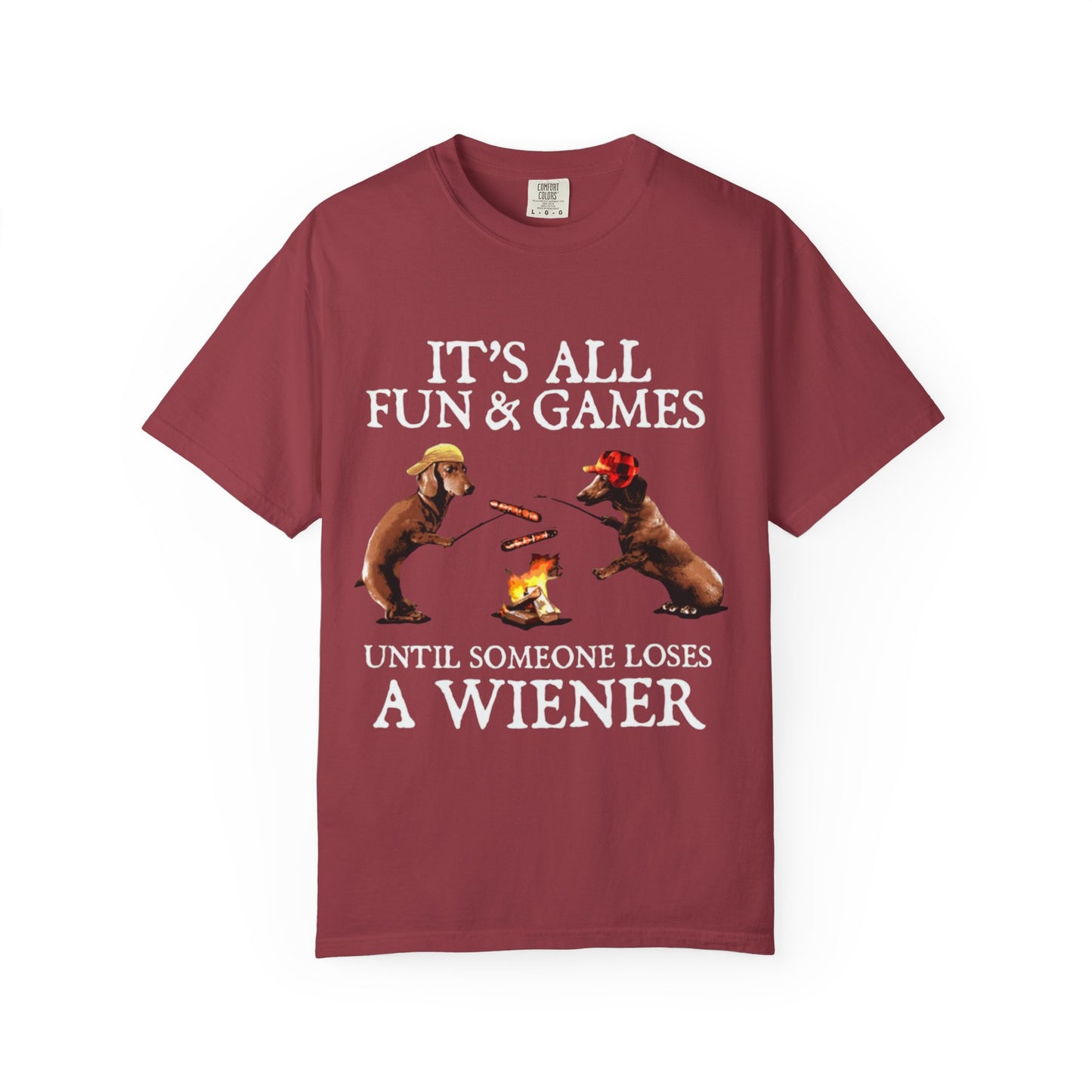 T-Shirt — Dachshund Camping Tee: Wiener Dogs Roasting Hot Dogs by Campfire