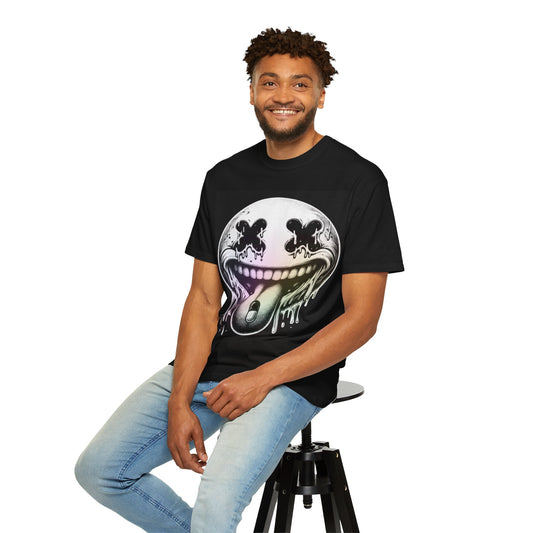 Graphic T-Shirt — Dripping Smiley & Haunted Portrait Dark Art Tee