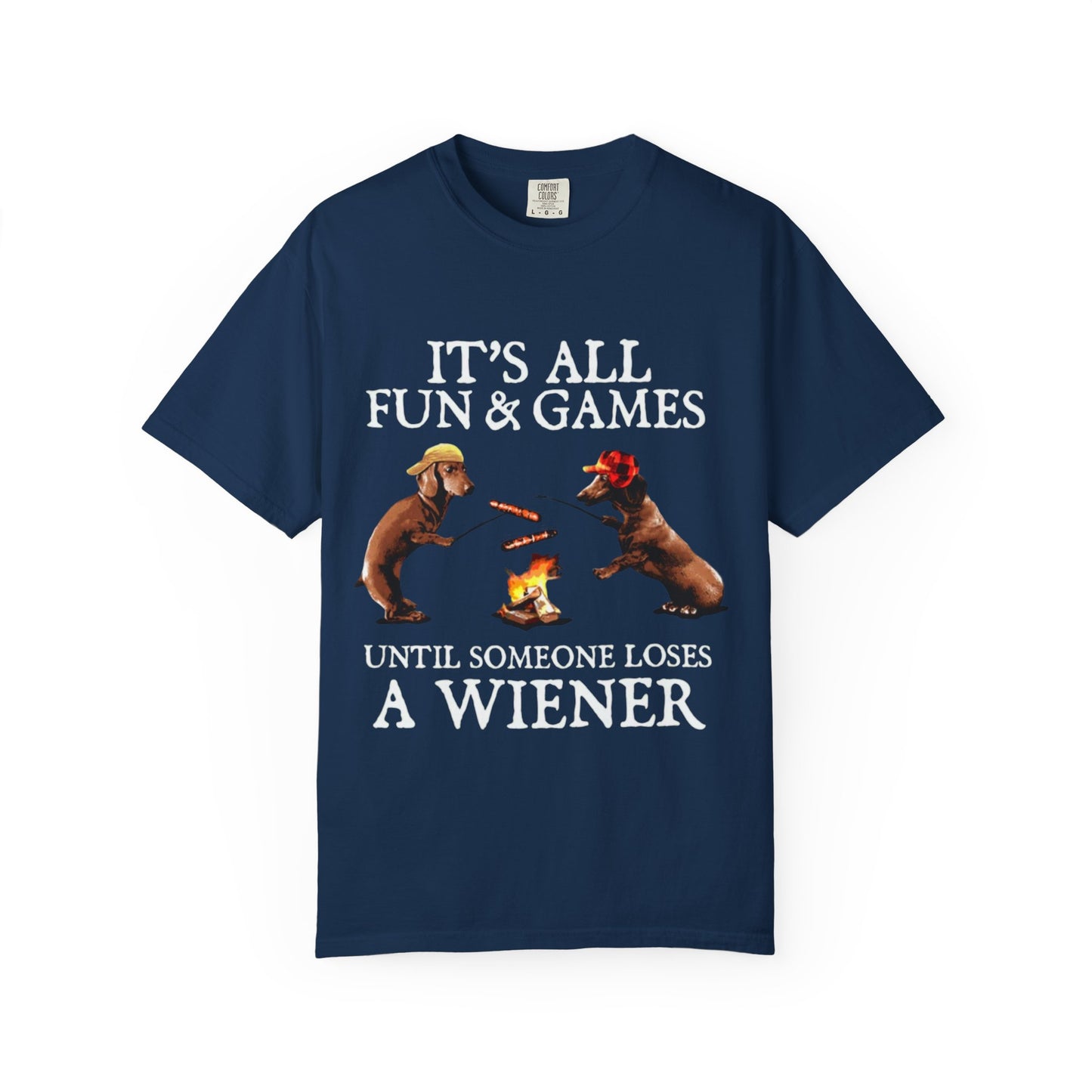 T-Shirt — Dachshund Camping Tee: Wiener Dogs Roasting Hot Dogs by Campfire