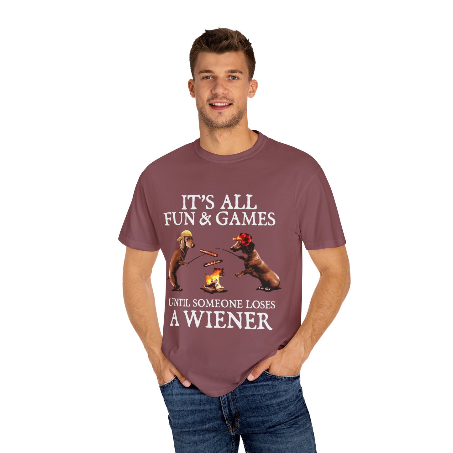 T-Shirt — Dachshund Camping Tee: Wiener Dogs Roasting Hot Dogs by Campfire