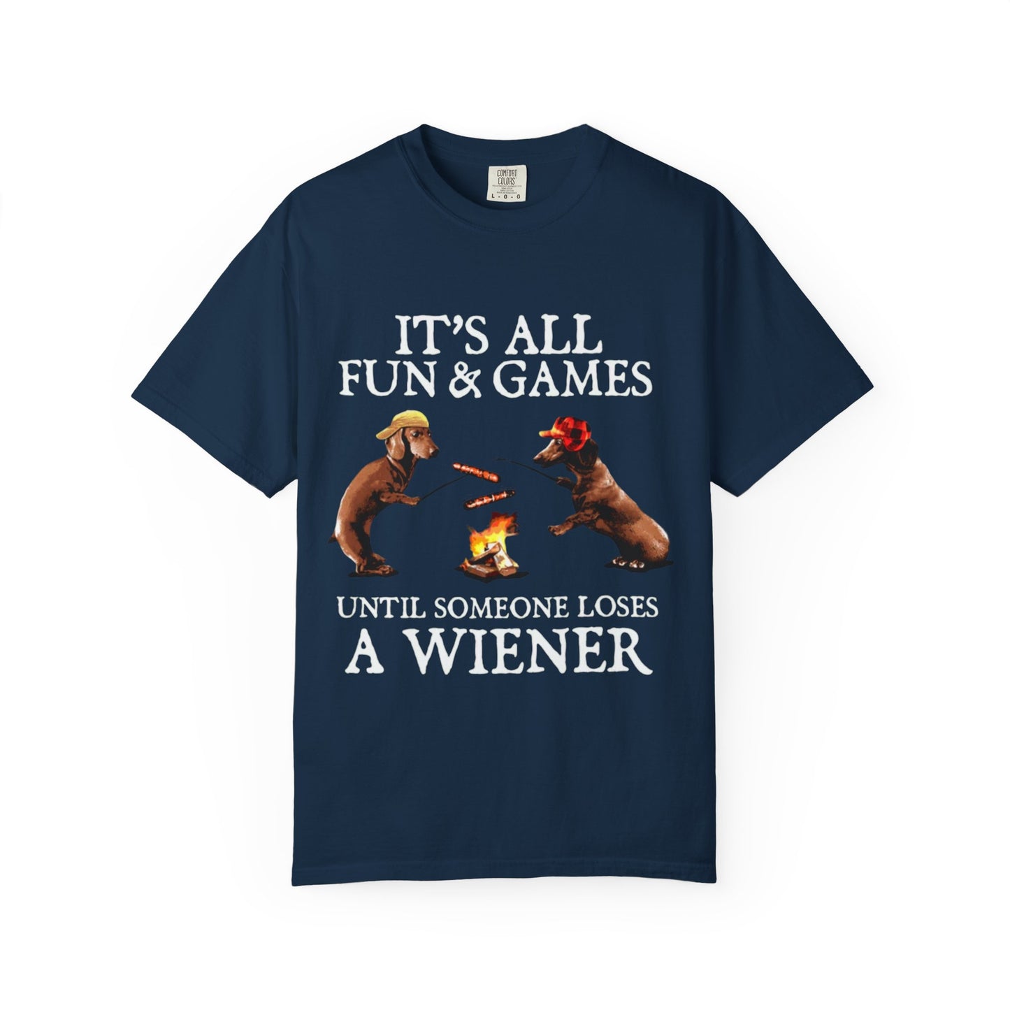 T-Shirt — Dachshund Camping Tee: Wiener Dogs Roasting Hot Dogs by Campfire