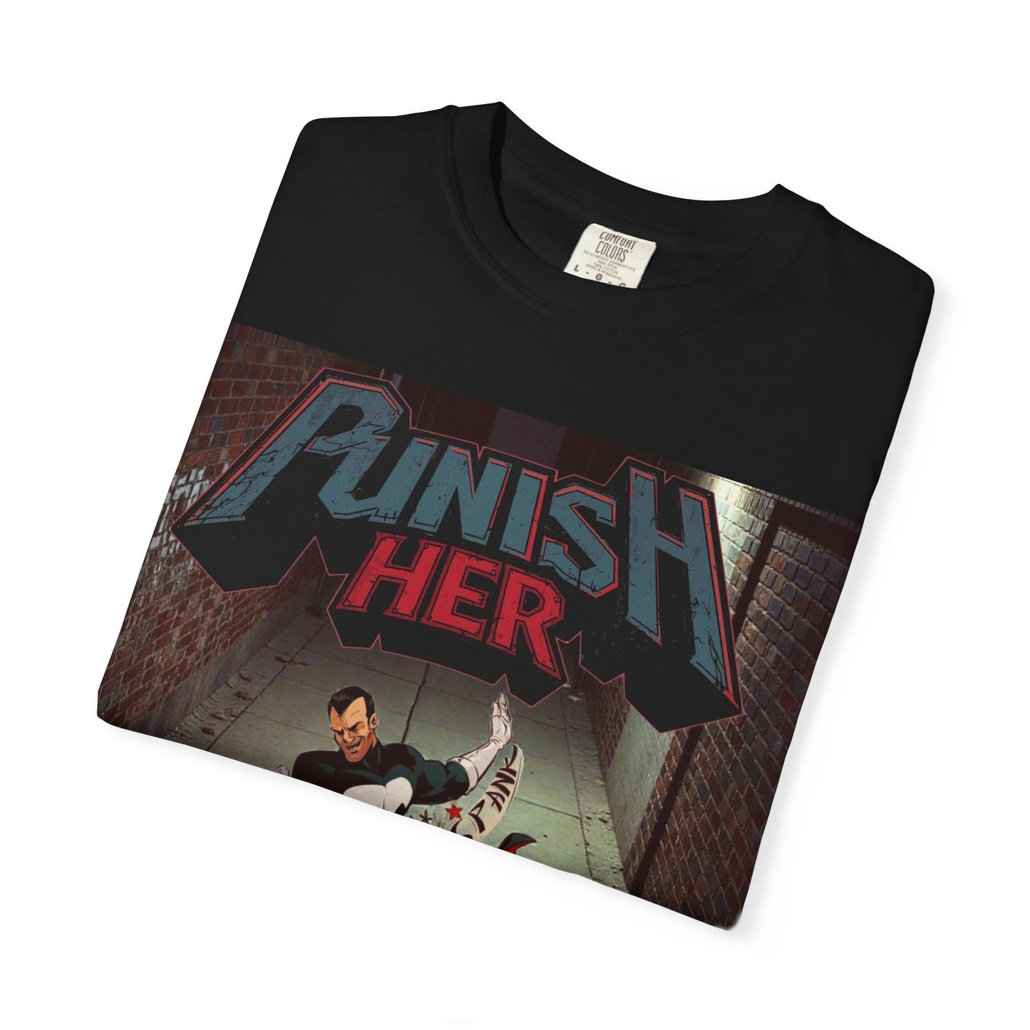 Graphic T-Shirt — "Punish Her" Retro Comic Alley Scene