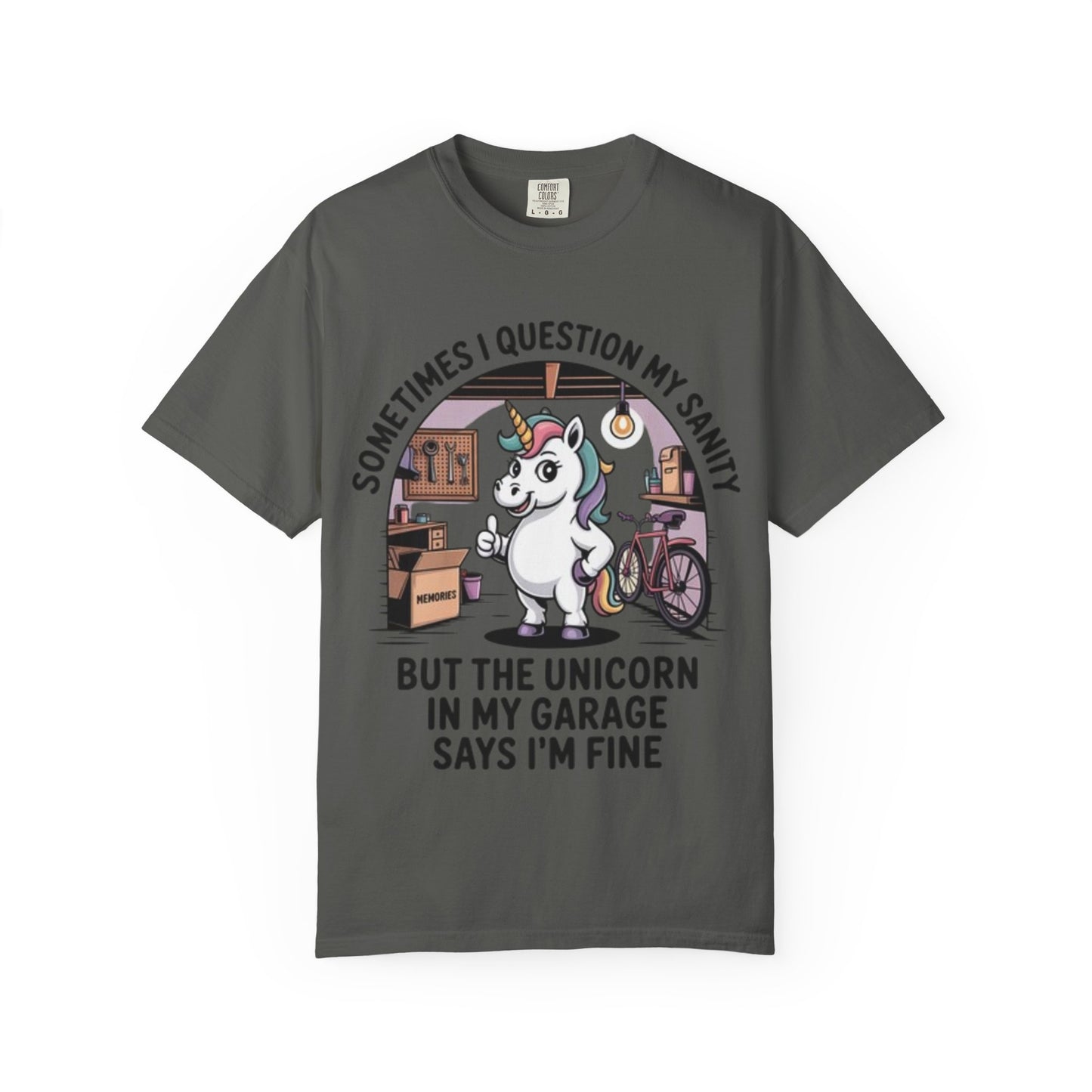 Unicorn Garage T-Shirt — "Sometimes I Question My Sanity" Funny Mechanic Tee
