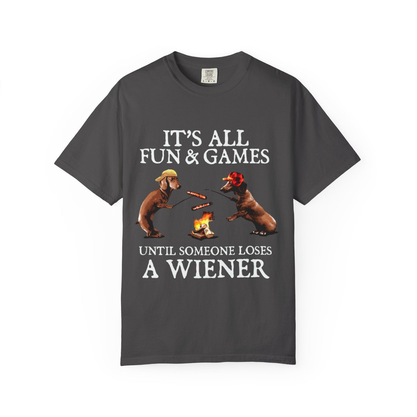 T-Shirt — Dachshund Camping Tee: Wiener Dogs Roasting Hot Dogs by Campfire