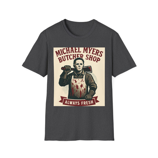 Horror Butcher Shop T-Shirt — "Michael Myers Butcher Shop: Always Fresh" Design