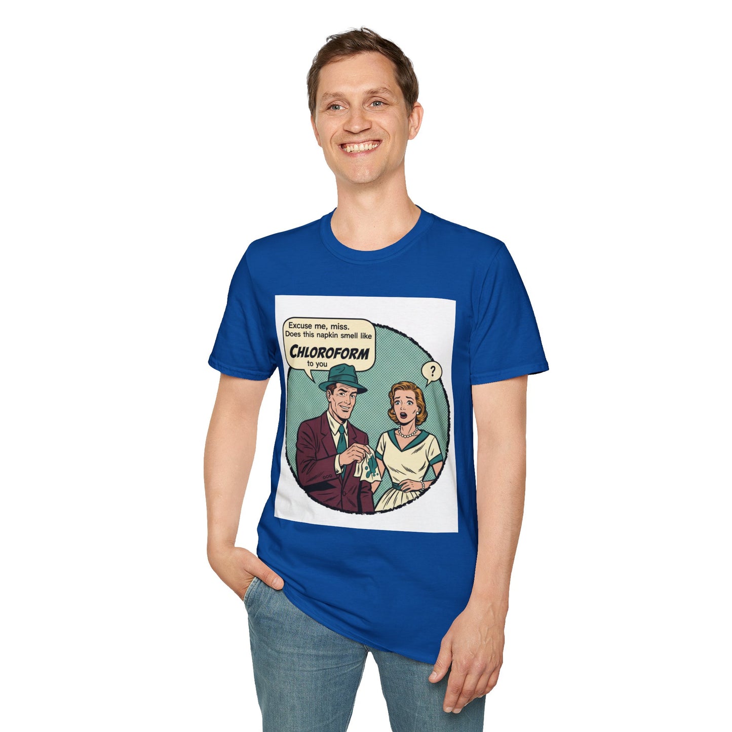 Vintage Comic Tee — “Excuse me, miss… Does this napkin smell like chloroform to you?”
