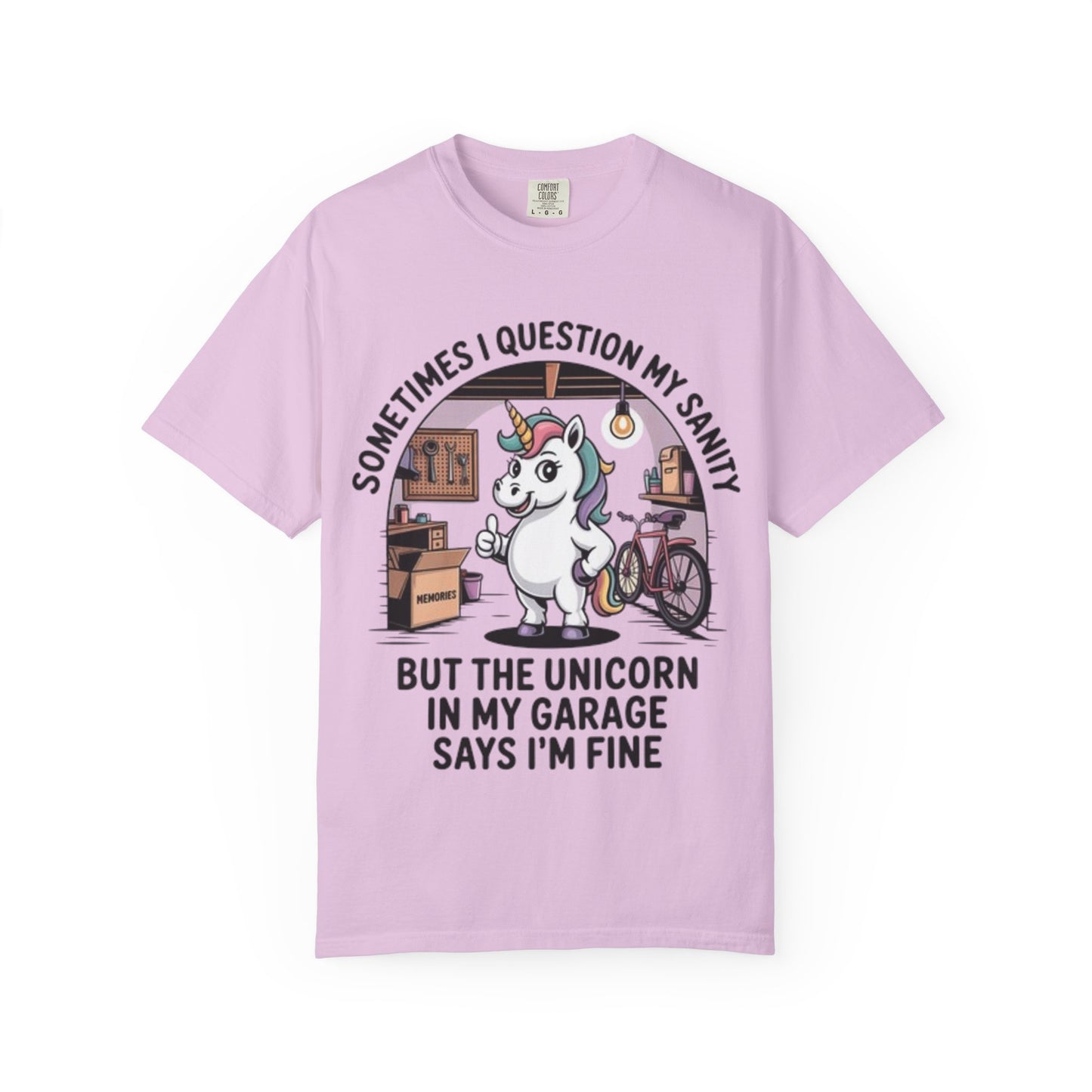 Unicorn Garage T-Shirt — "Sometimes I Question My Sanity" Funny Mechanic Tee