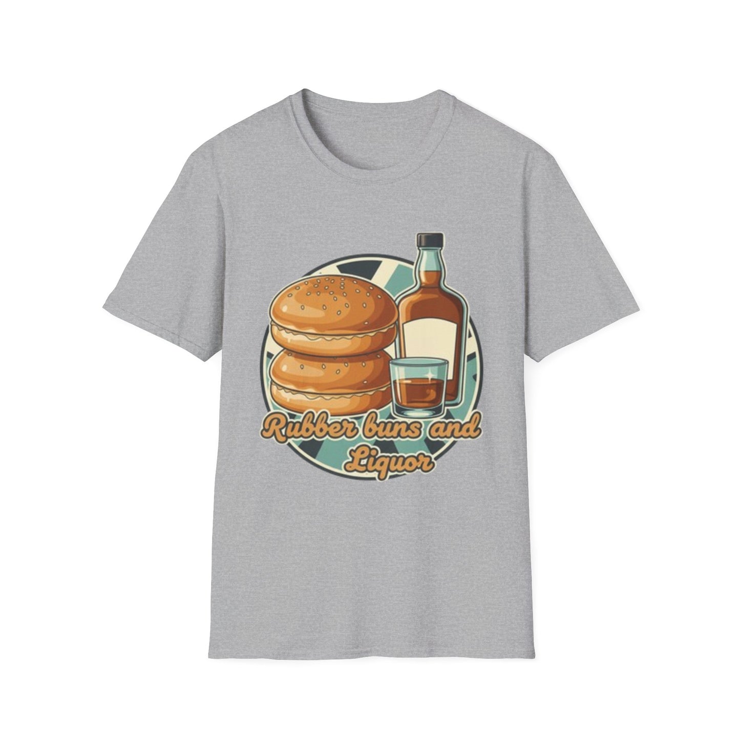 T-Shirt — "Rubber Buns and Liquor" Retro Breakfast & Whiskey Graphic Tee