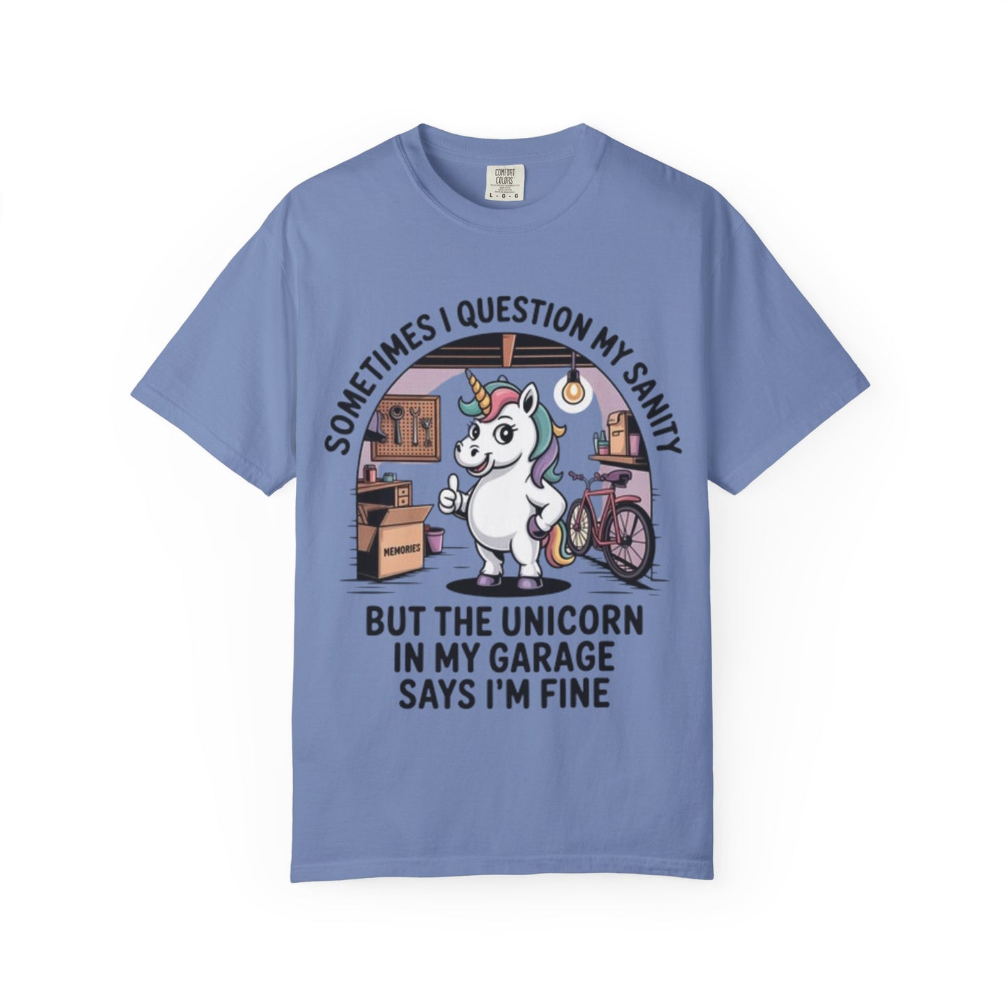 Unicorn Garage T-Shirt — "Sometimes I Question My Sanity" Funny Mechanic Tee
