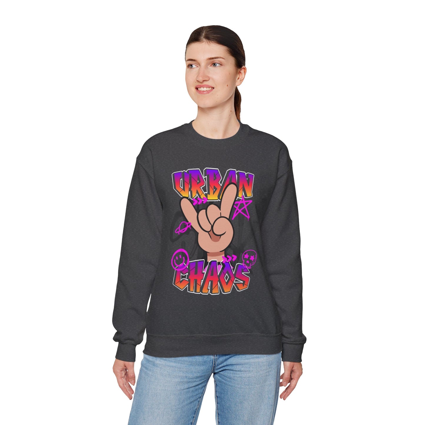 Urban Chaos Crewneck Sweatshirt, Statement Sweatshirt, Casual Wear, Gift for Trendsetters, Hipster Fashion, Unisex Apparel
