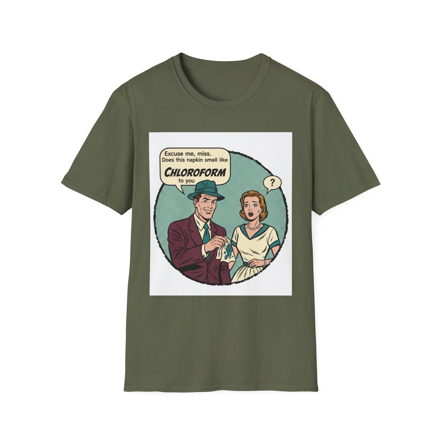 Vintage Comic Tee — “Excuse me, miss… Does this napkin smell like chloroform to you?”