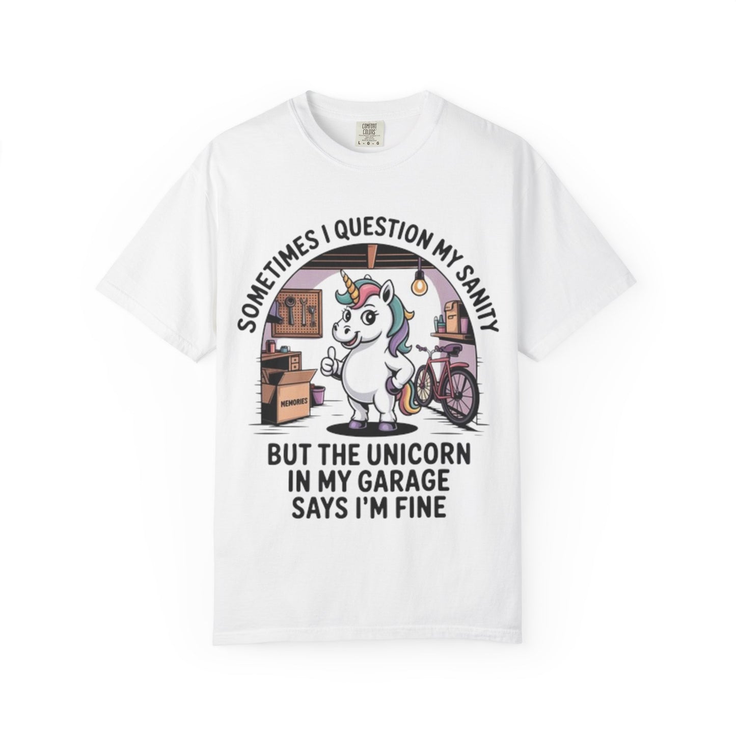 Unicorn Garage T-Shirt — "Sometimes I Question My Sanity" Funny Mechanic Tee