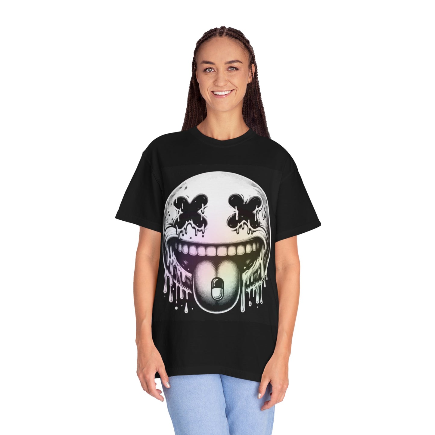 Graphic T-Shirt — Dripping Smiley & Haunted Portrait Dark Art Tee