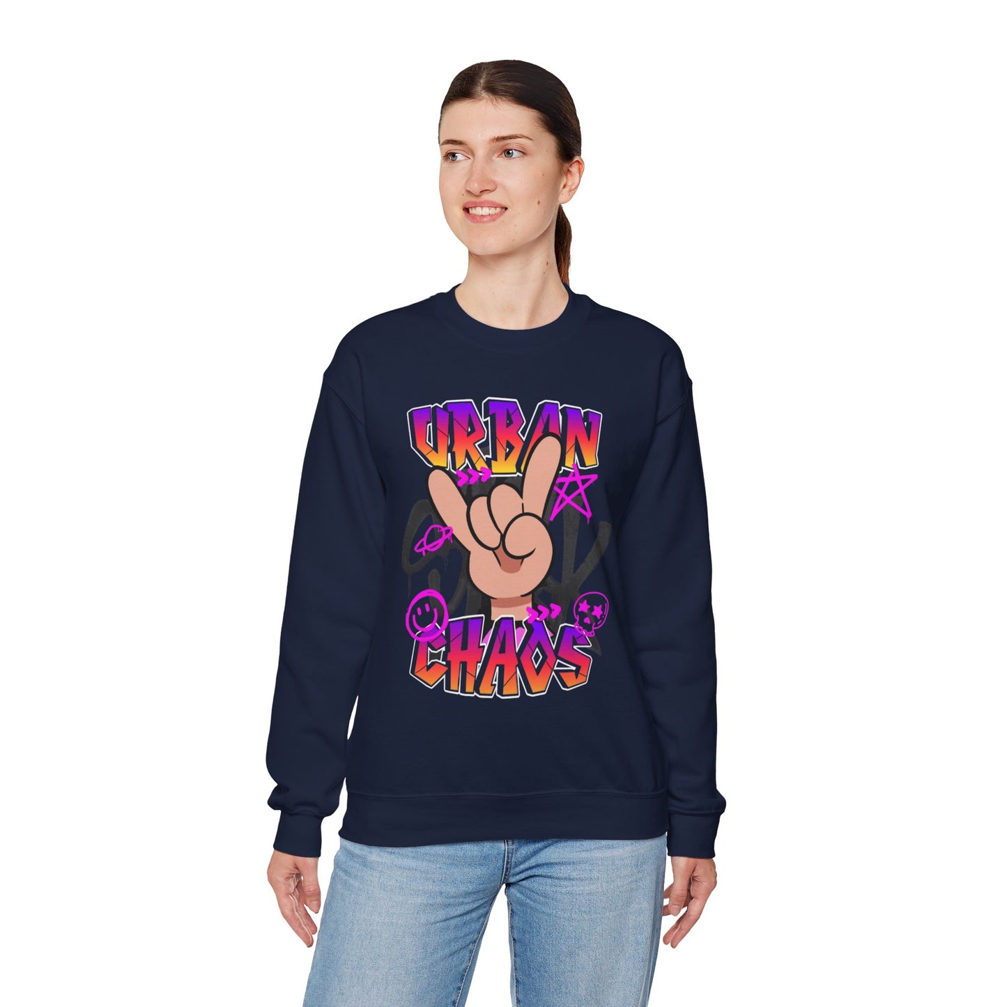Urban Chaos Crewneck Sweatshirt, Statement Sweatshirt, Casual Wear, Gift for Trendsetters, Hipster Fashion, Unisex Apparel