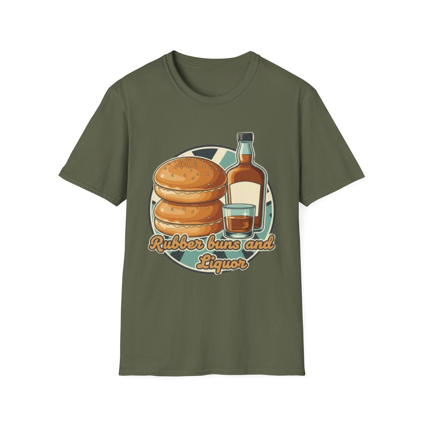 T-Shirt — "Rubber Buns and Liquor" Retro Breakfast & Whiskey Graphic Tee