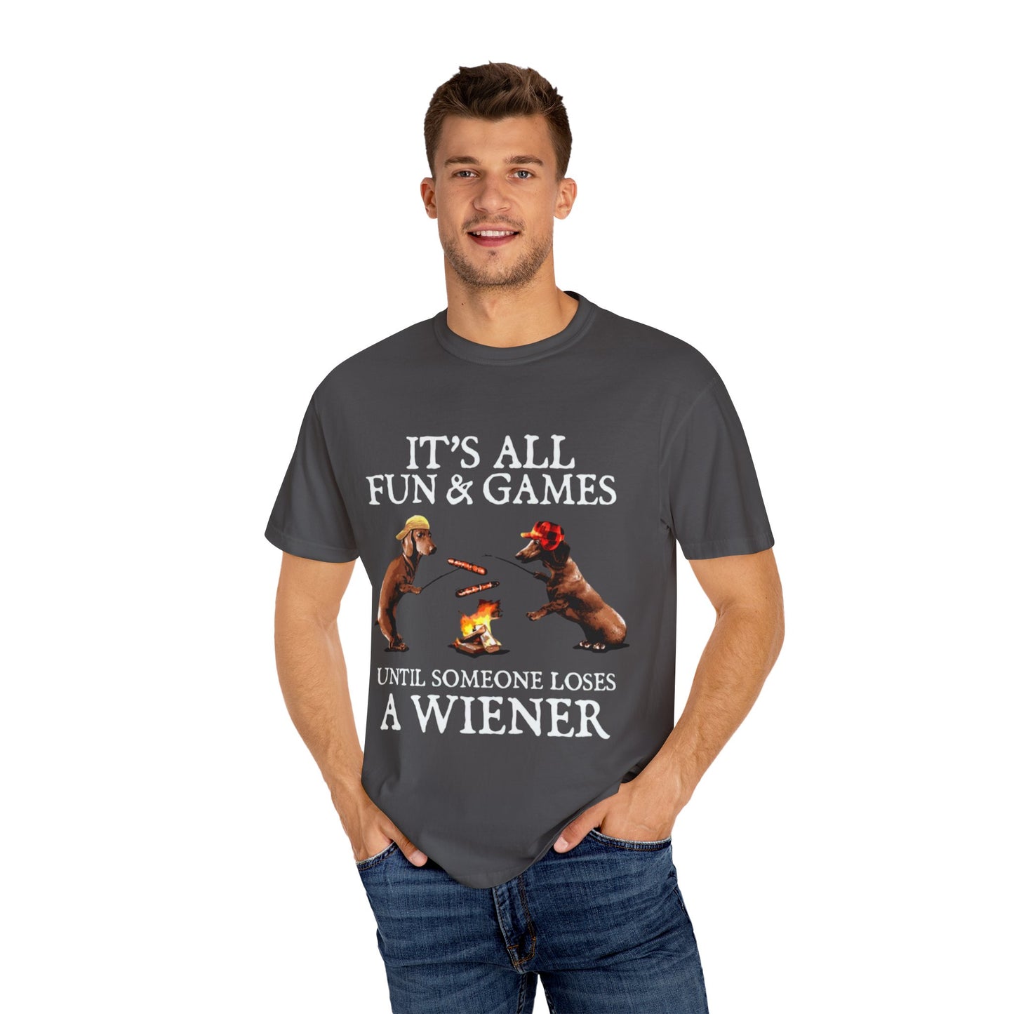 T-Shirt — Dachshund Camping Tee: Wiener Dogs Roasting Hot Dogs by Campfire