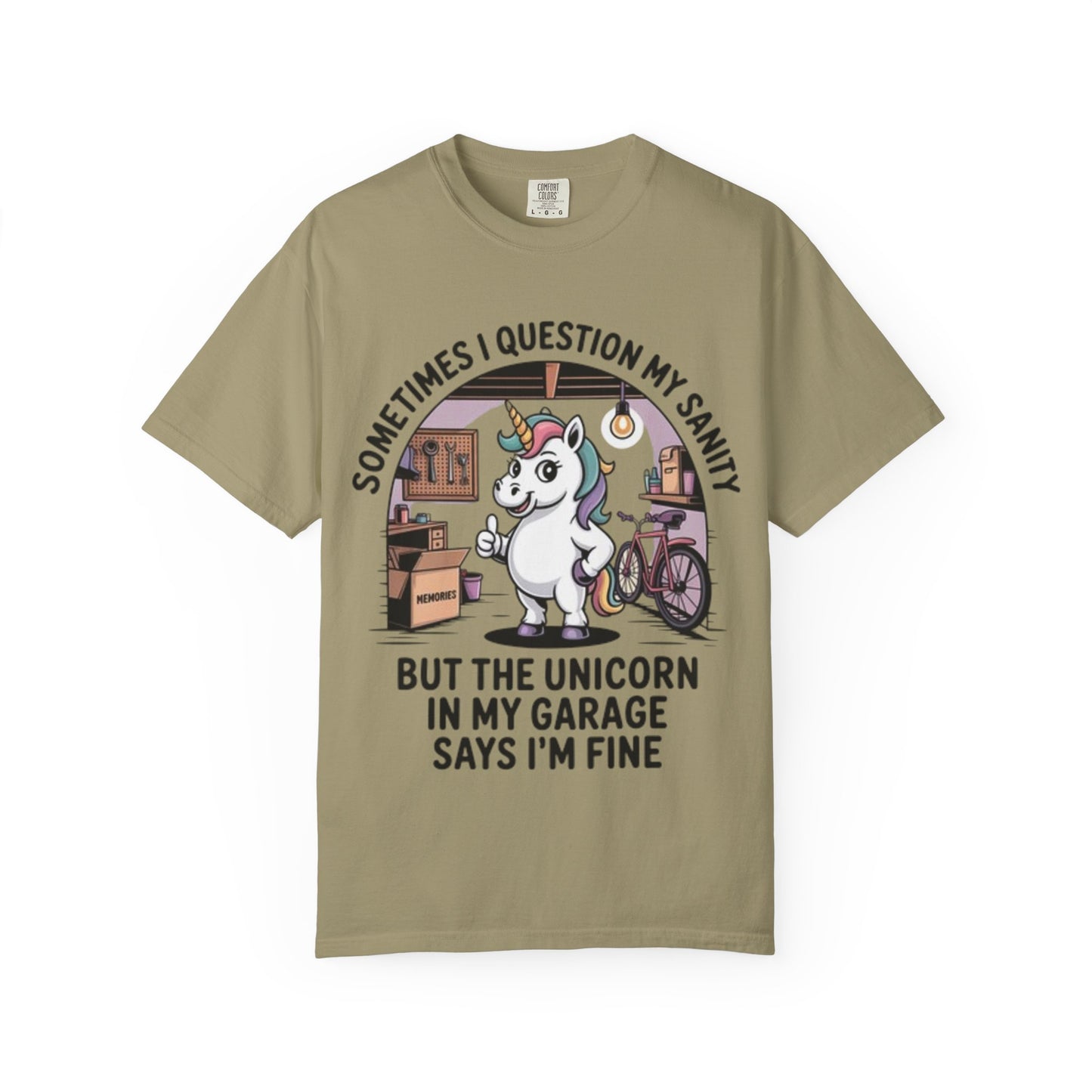 Unicorn Garage T-Shirt — "Sometimes I Question My Sanity" Funny Mechanic Tee