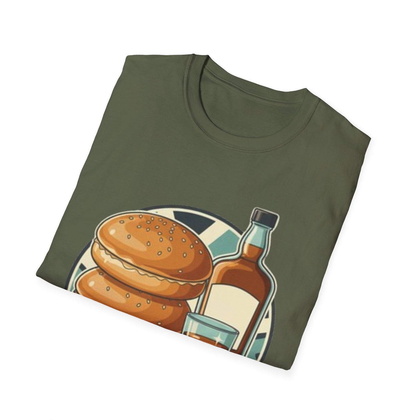 T-Shirt — "Rubber Buns and Liquor" Retro Breakfast & Whiskey Graphic Tee