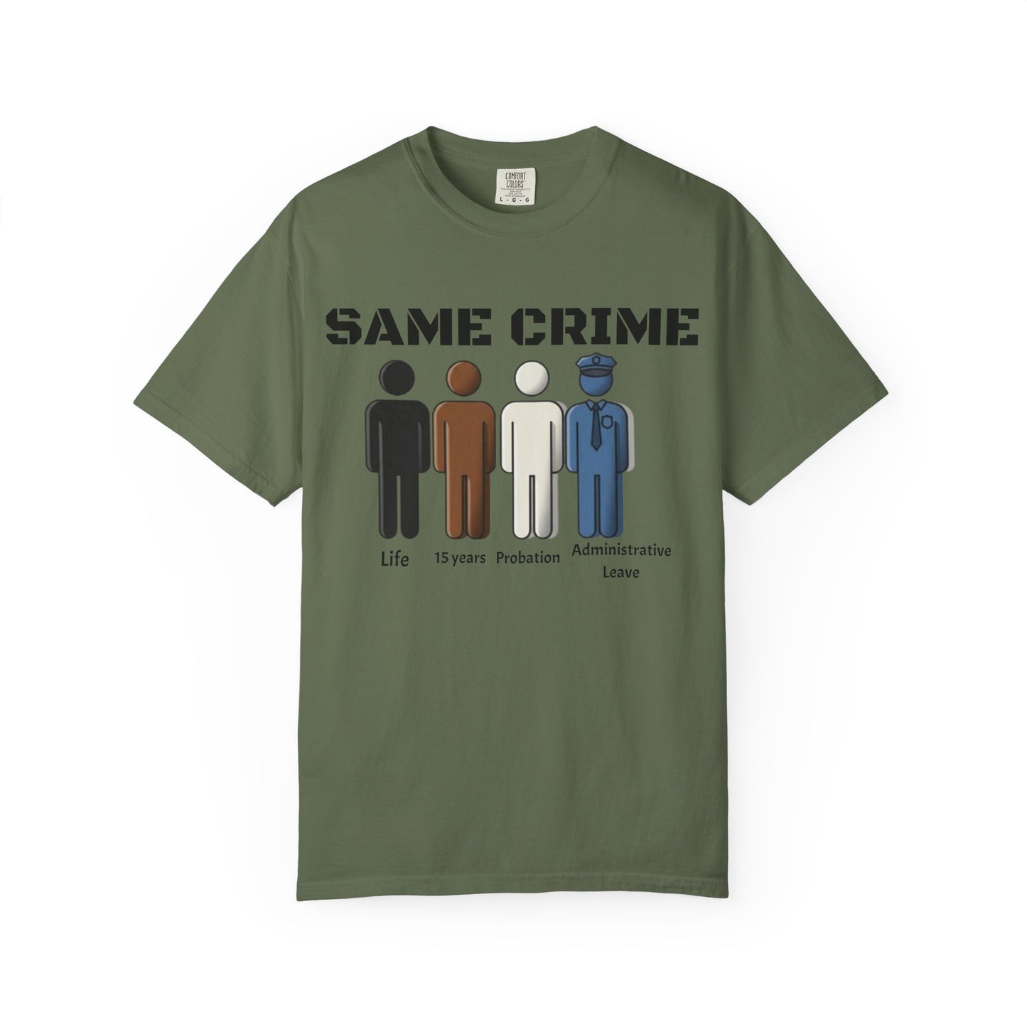 Same Crime T-Shirt — Social Justice Illustration Tee (Life, 15 Years, Probation, Administrative Leave)
