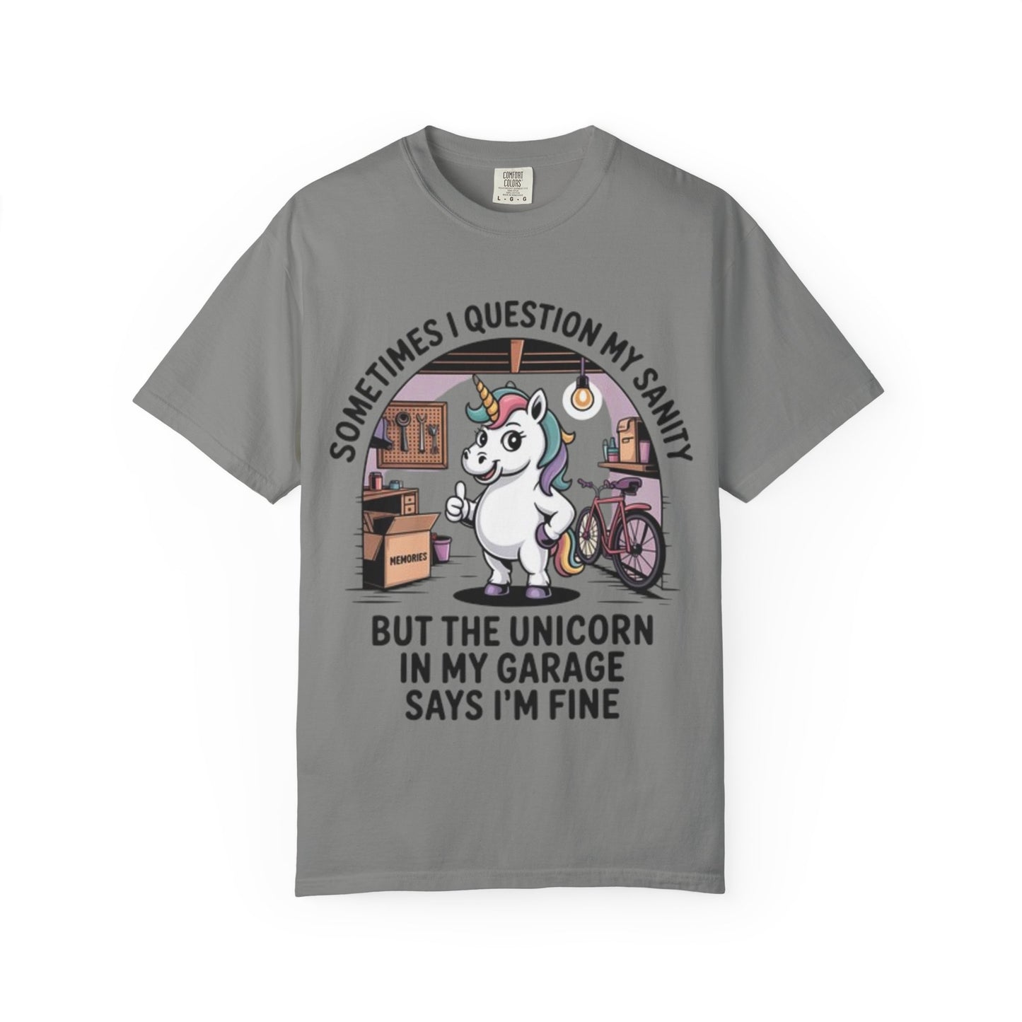 Unicorn Garage T-Shirt — "Sometimes I Question My Sanity" Funny Mechanic Tee