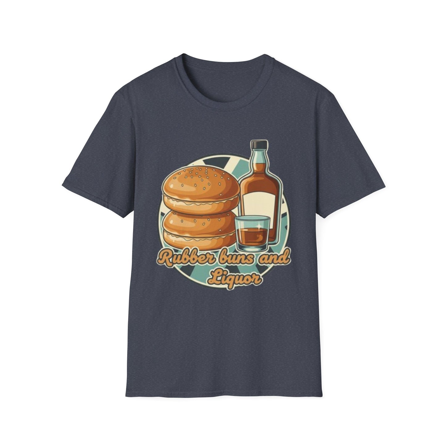 T-Shirt — "Rubber Buns and Liquor" Retro Breakfast & Whiskey Graphic Tee