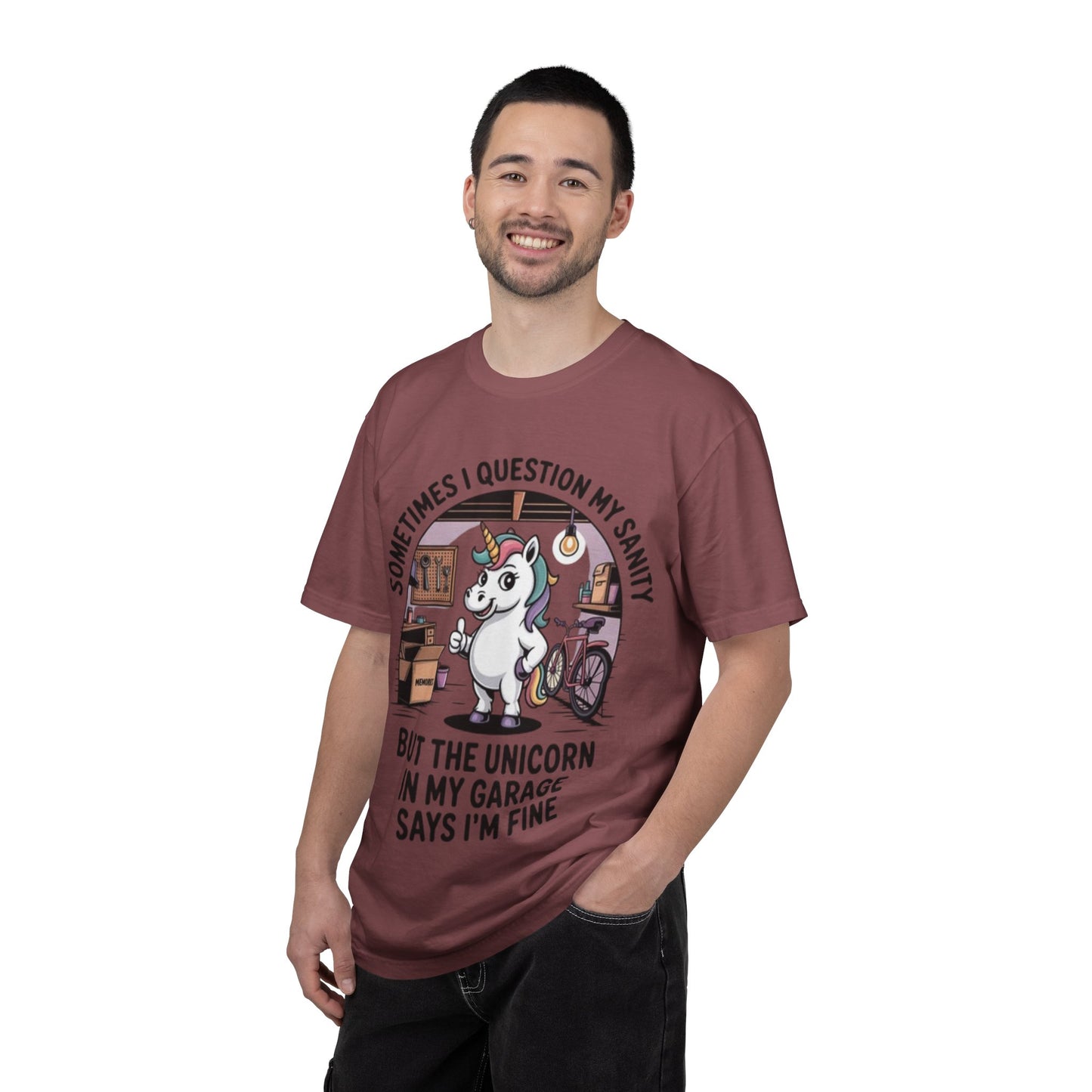 Unicorn Garage T-Shirt — "Sometimes I Question My Sanity" Funny Mechanic Tee
