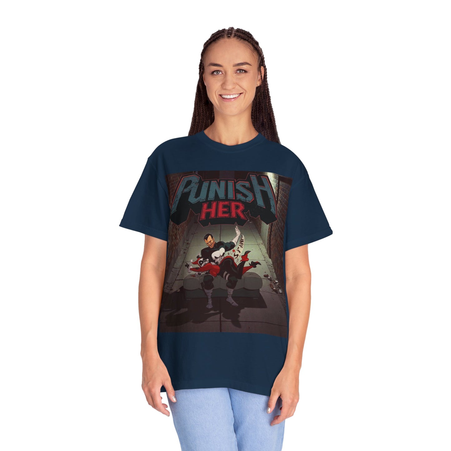 Graphic T-Shirt — "Punish Her" Retro Comic Alley Scene