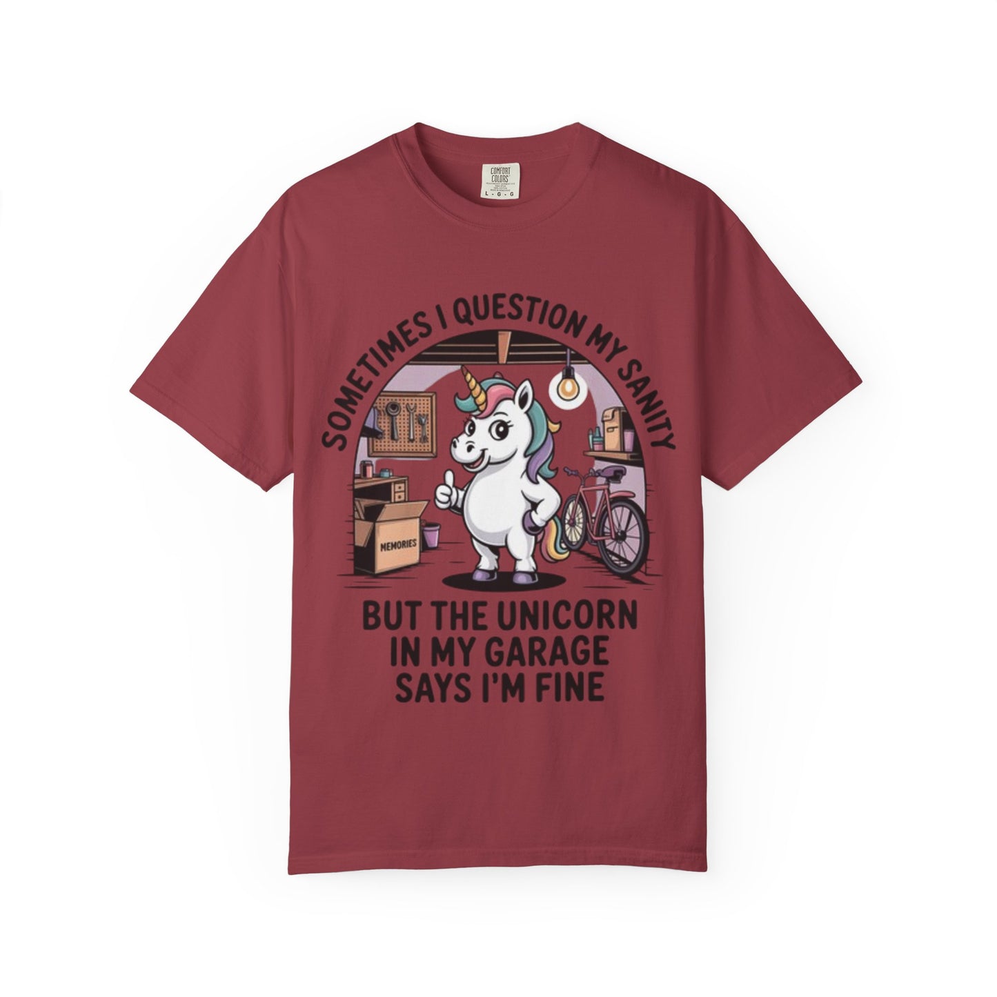 Unicorn Garage T-Shirt — "Sometimes I Question My Sanity" Funny Mechanic Tee
