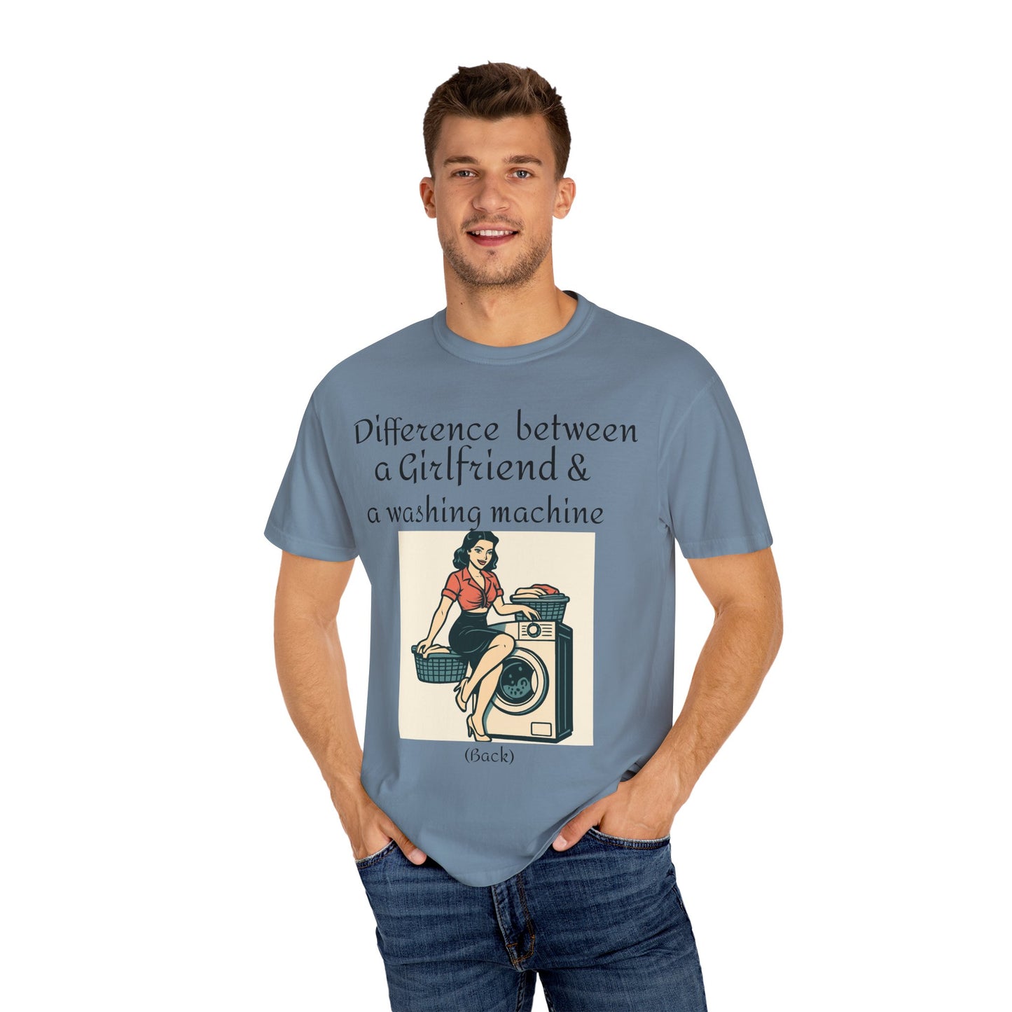 Vintage Pin-Up Laundry T-Shirt — "Difference between a Girlfriend & a washing machine"