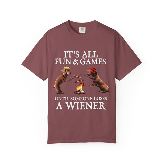 T-Shirt — Dachshund Camping Tee: Wiener Dogs Roasting Hot Dogs by Campfire