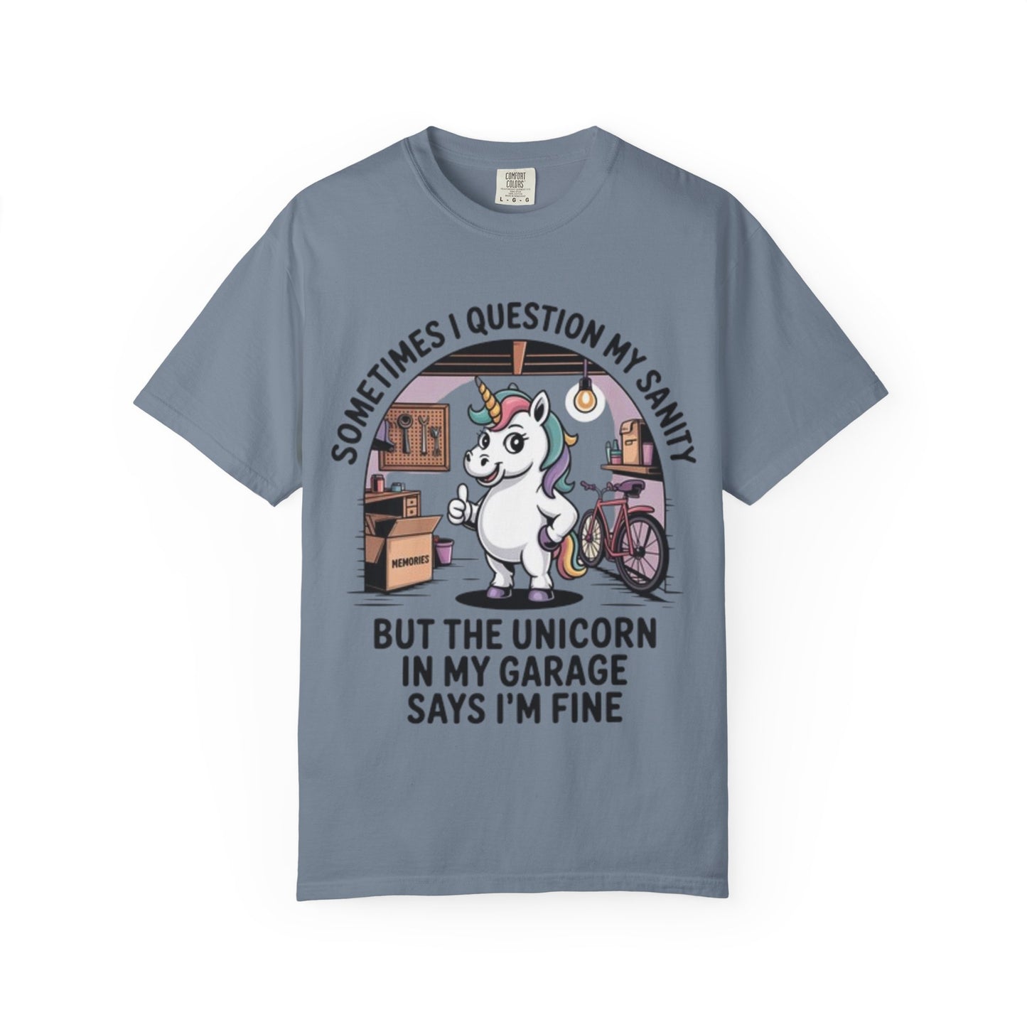 Unicorn Garage T-Shirt — "Sometimes I Question My Sanity" Funny Mechanic Tee