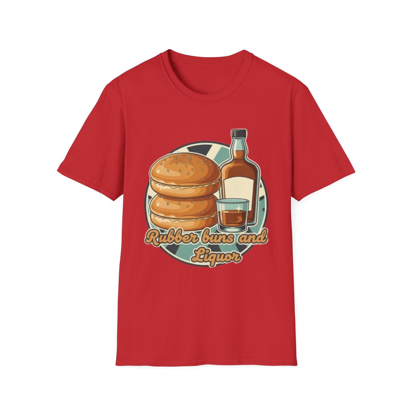 T-Shirt — "Rubber Buns and Liquor" Retro Breakfast & Whiskey Graphic Tee
