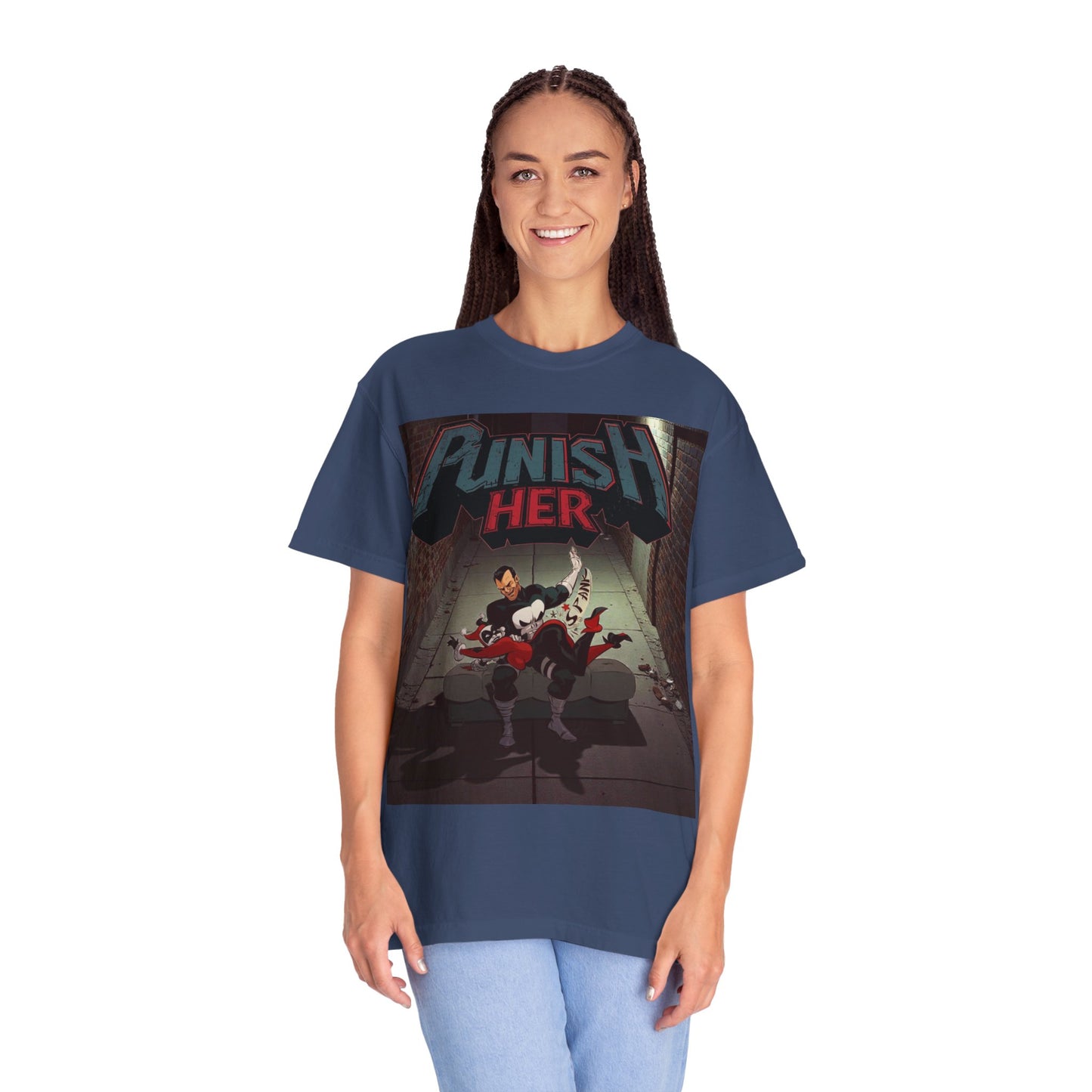 Graphic T-Shirt — "Punish Her" Retro Comic Alley Scene
