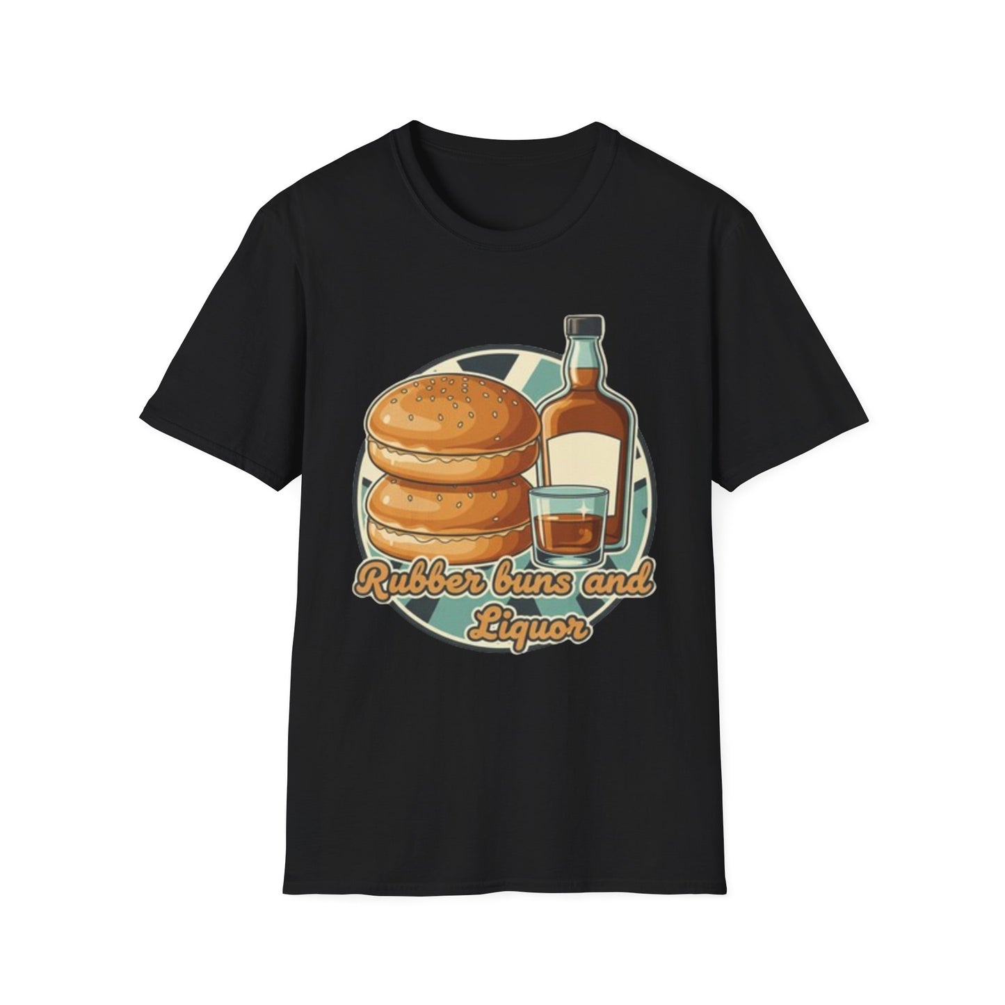 T-Shirt — "Rubber Buns and Liquor" Retro Breakfast & Whiskey Graphic Tee