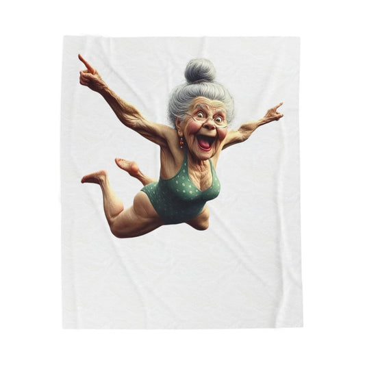 Cozy Velveteen Blanket — Playful Diving Granny Illustration