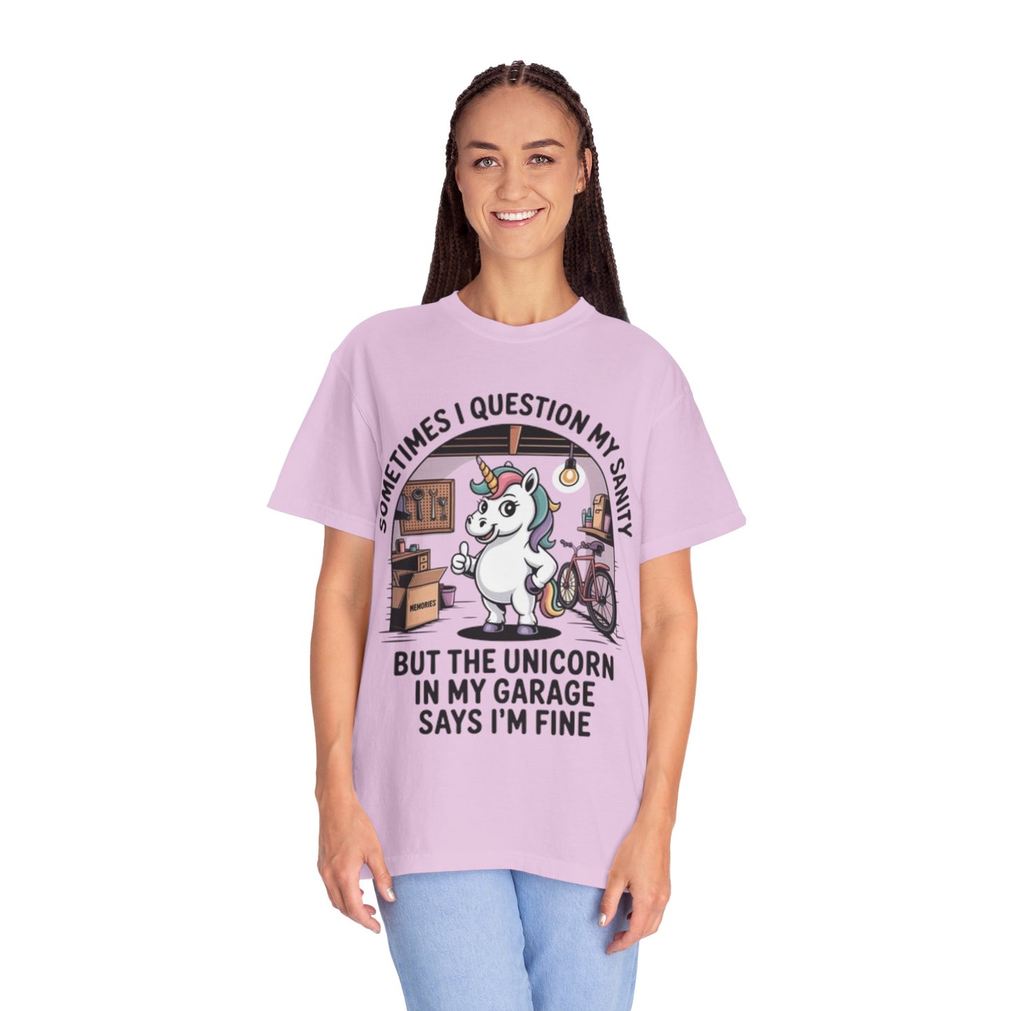 Unicorn Garage T-Shirt — "Sometimes I Question My Sanity" Funny Mechanic Tee