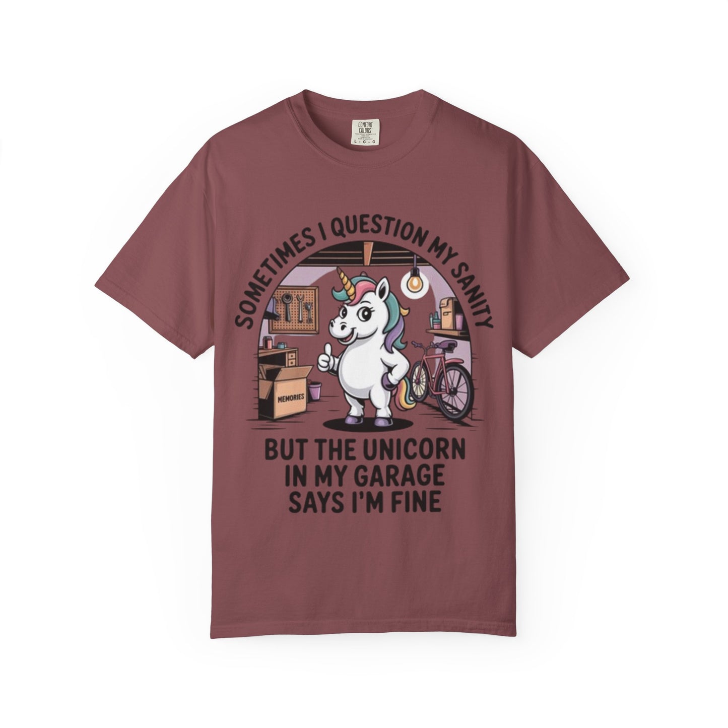 Unicorn Garage T-Shirt — "Sometimes I Question My Sanity" Funny Mechanic Tee