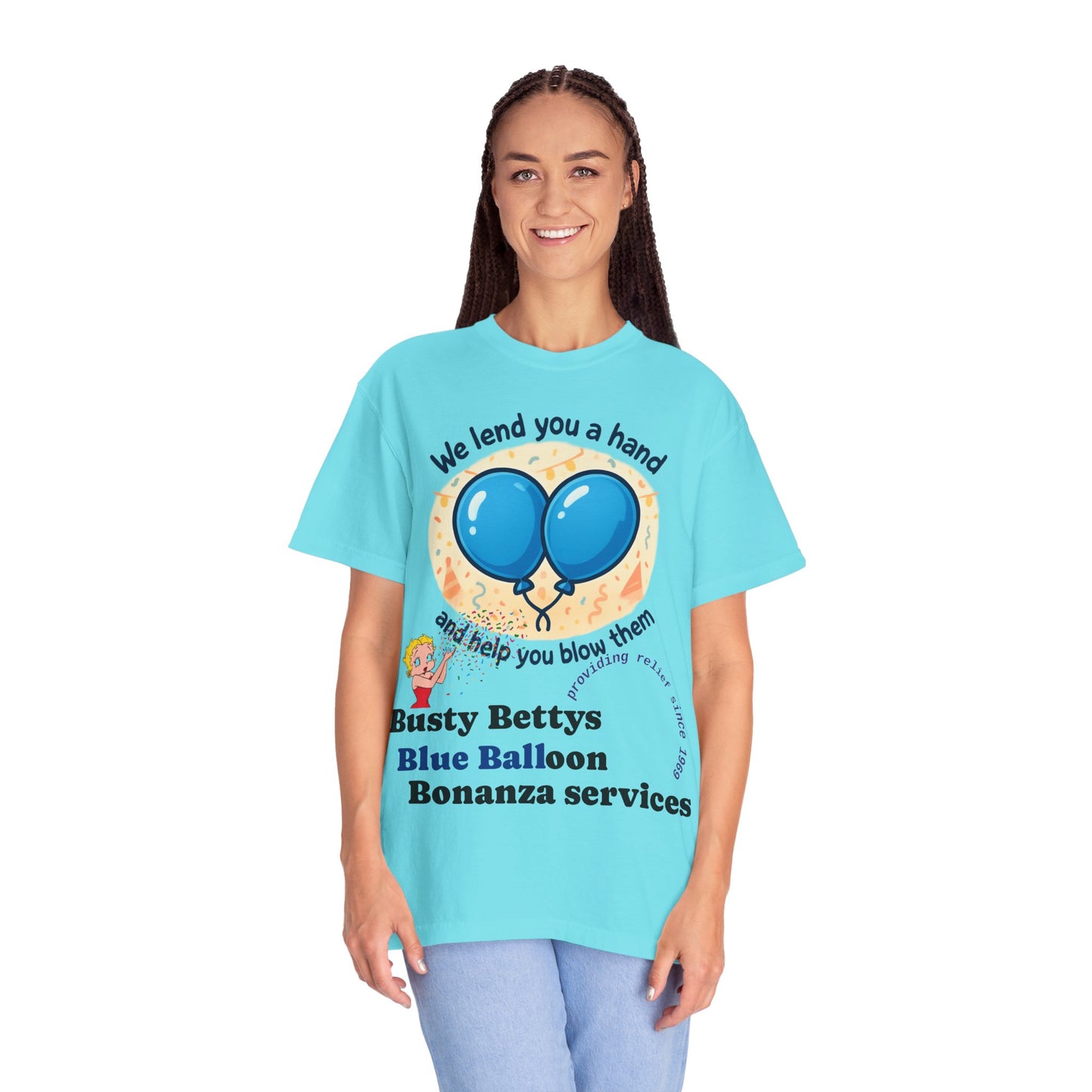 Novelty T-Shirt — "We lend you a hand and help you blow them" Balloon Service Tee