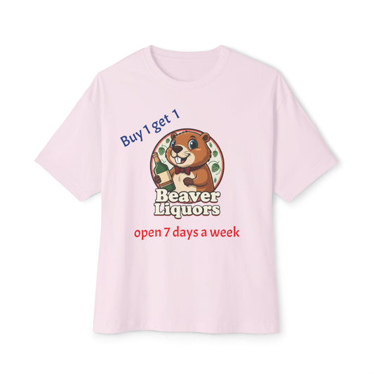 Beaver Liquors T-Shirt – Retro "Buy 1 Get 1" Cartoon Tee (Open 7 Days)