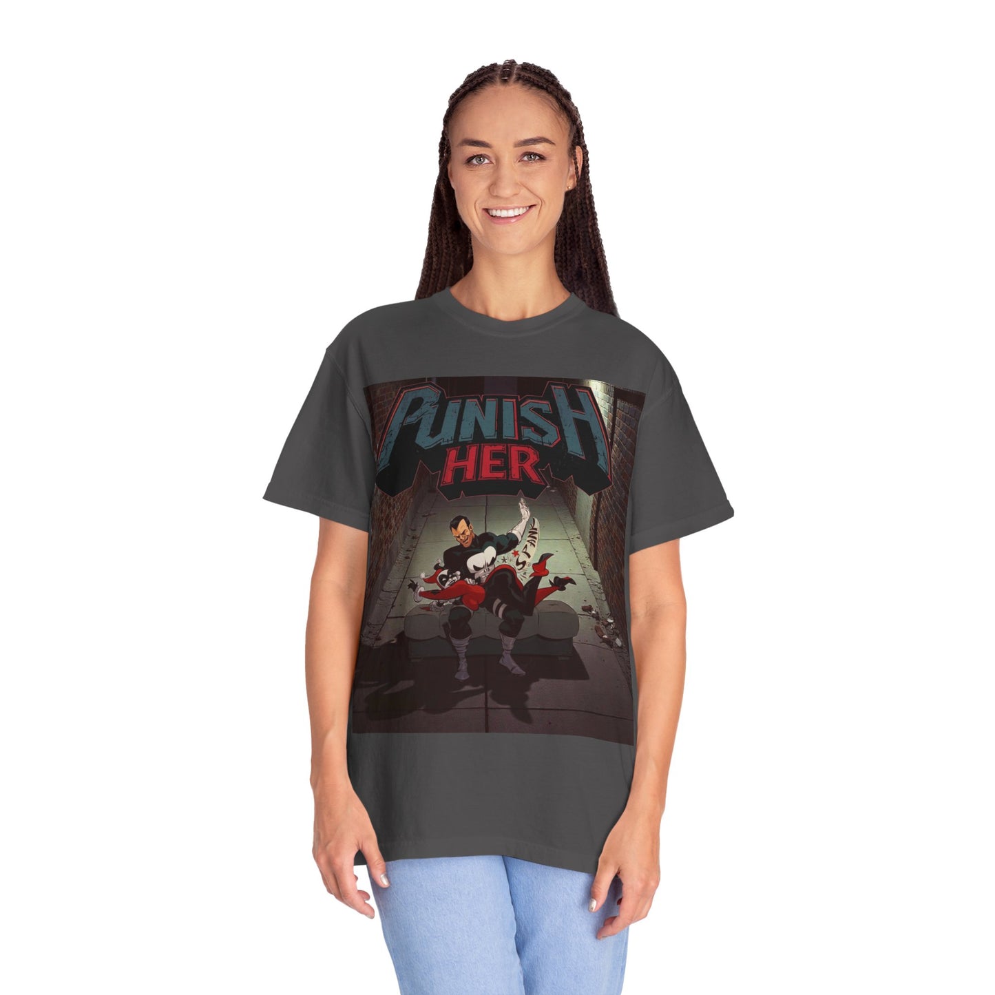 Graphic T-Shirt — "Punish Her" Retro Comic Alley Scene