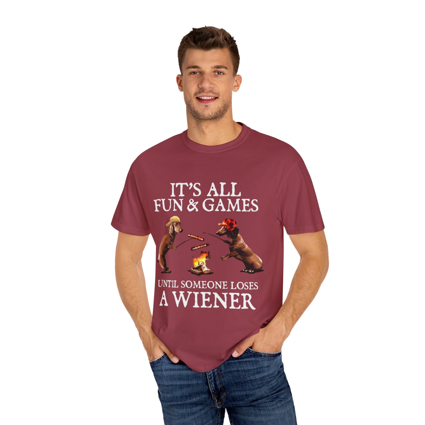 T-Shirt — Dachshund Camping Tee: Wiener Dogs Roasting Hot Dogs by Campfire
