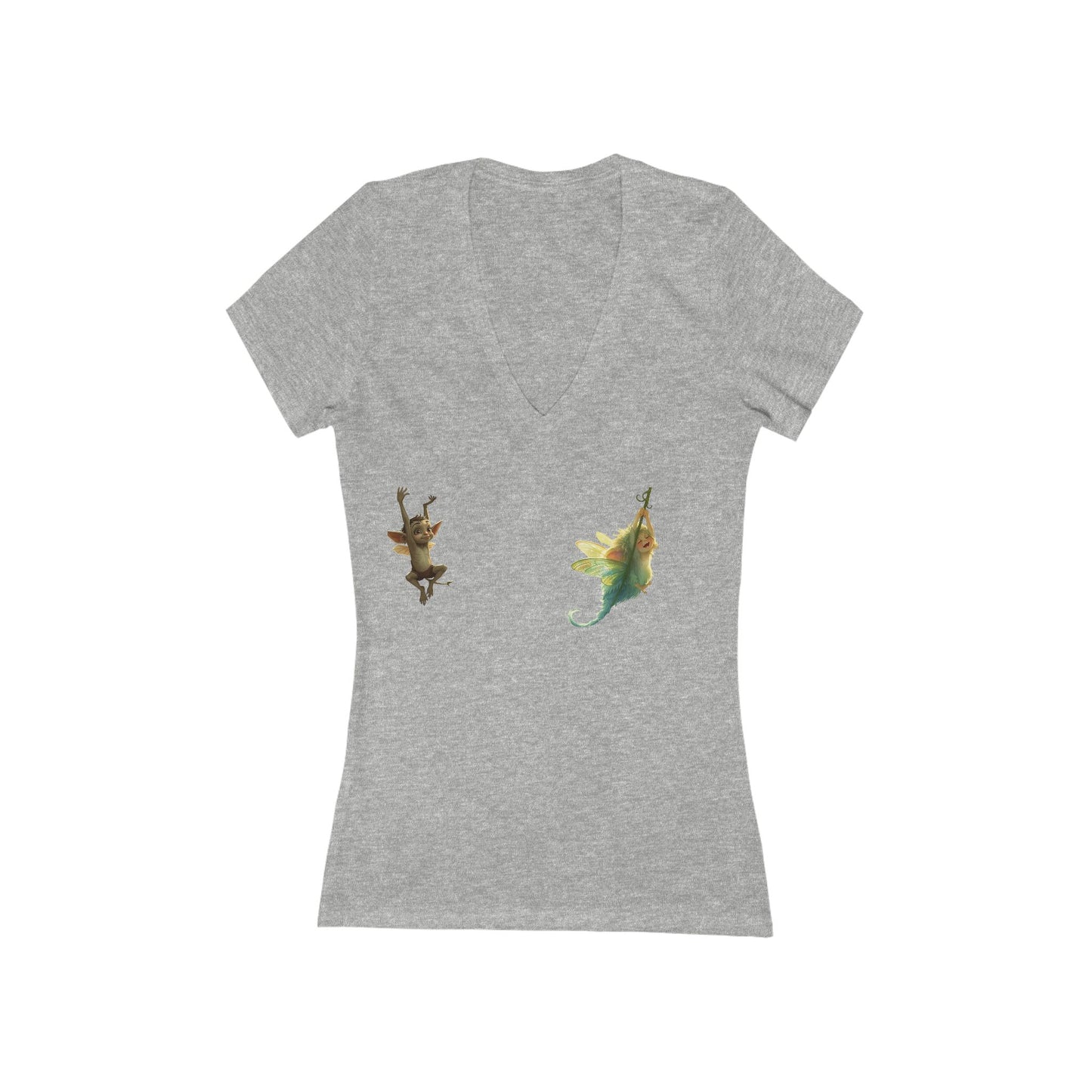 Whimsical Women's Deep V-Neck Tee with Magical Creatures Design, Cute Summer Top, Fantasy Shirt, Nature Lover Tee, Gift for Her