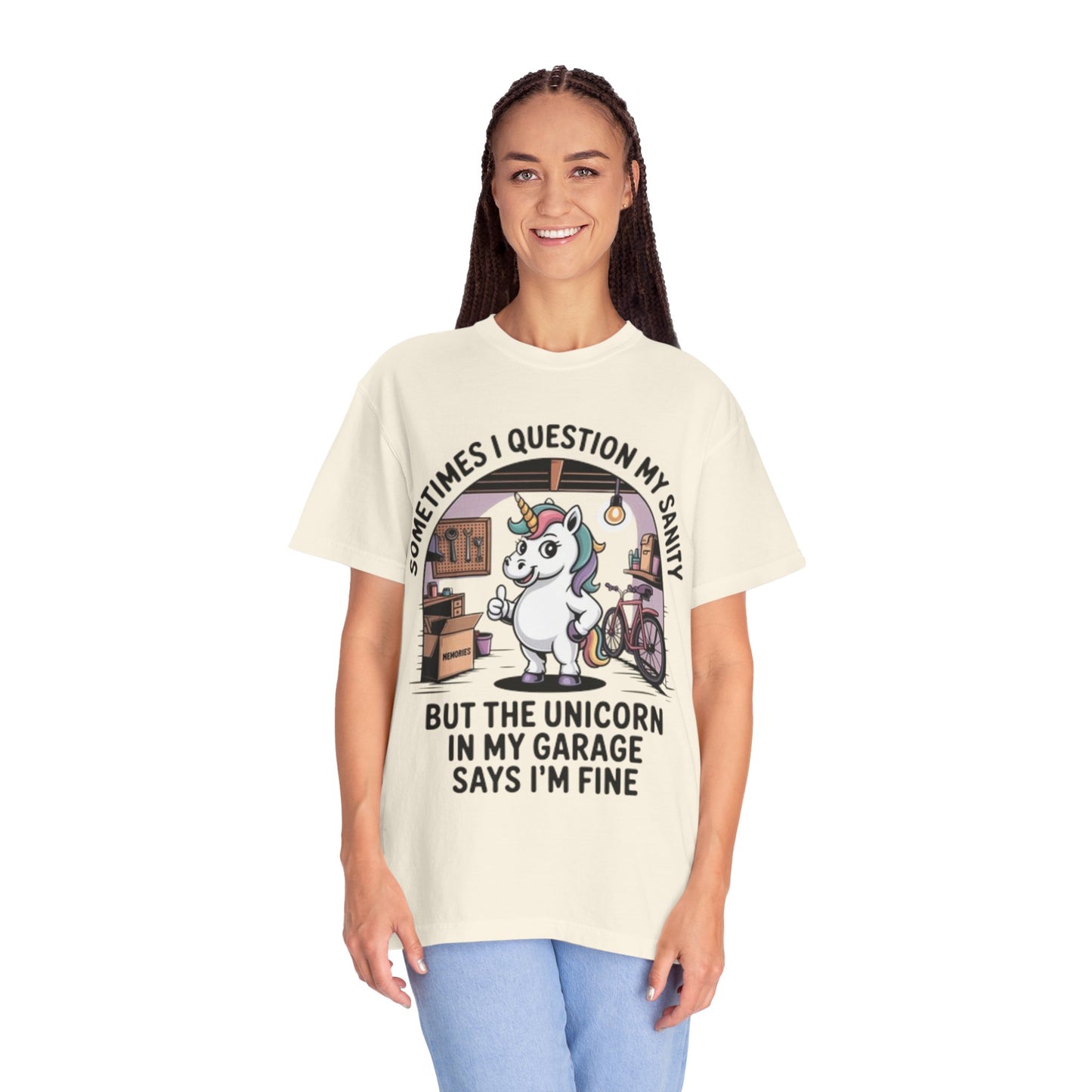 Unicorn Garage T-Shirt — "Sometimes I Question My Sanity" Funny Mechanic Tee