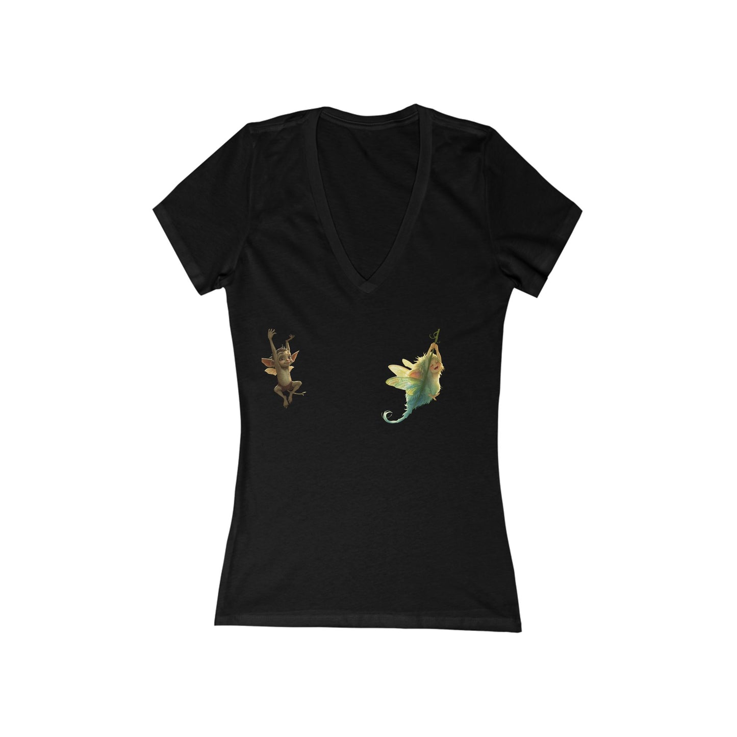 Whimsical Women's Deep V-Neck Tee with Magical Creatures Design, Cute Summer Top, Fantasy Shirt, Nature Lover Tee, Gift for Her