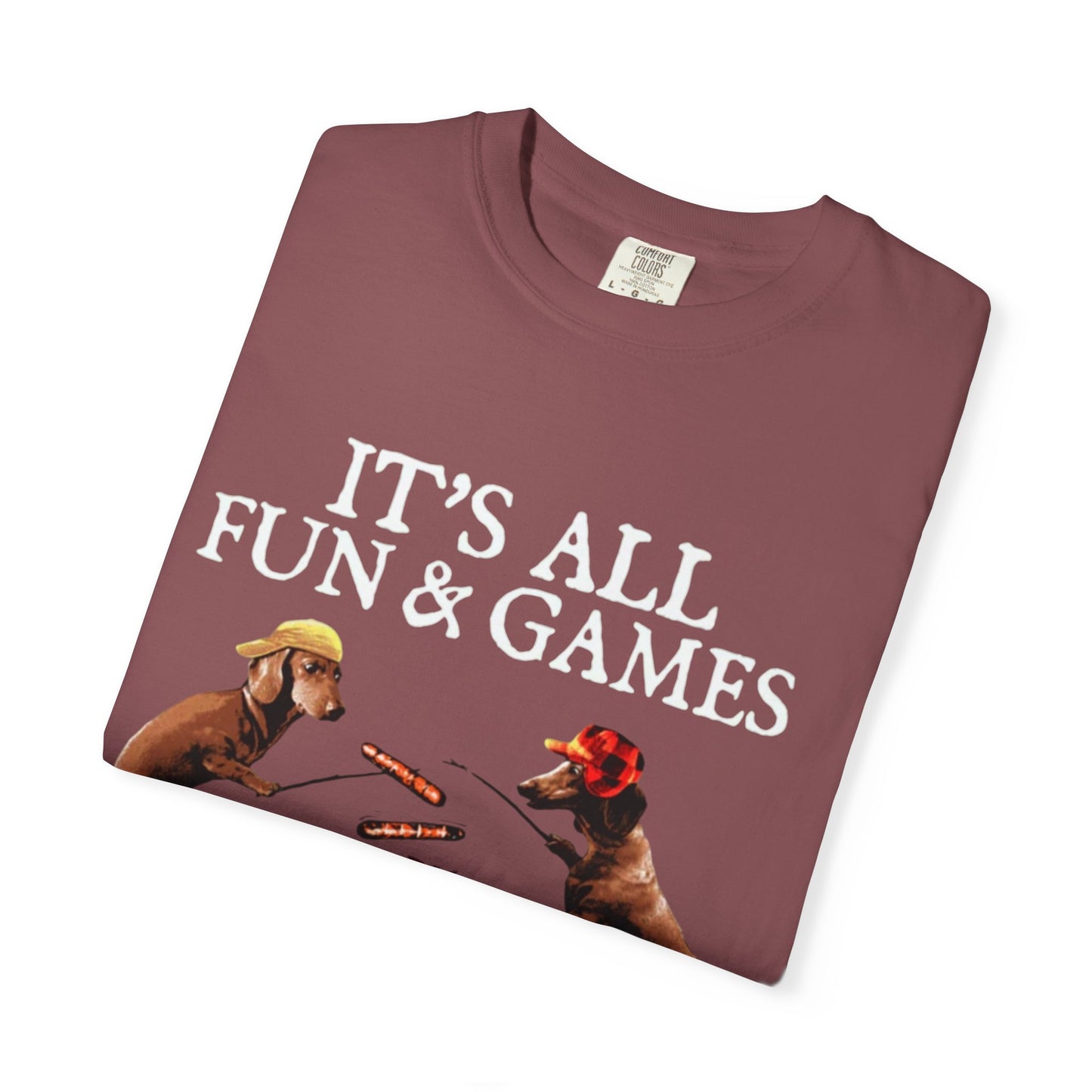 T-Shirt — Dachshund Camping Tee: Wiener Dogs Roasting Hot Dogs by Campfire